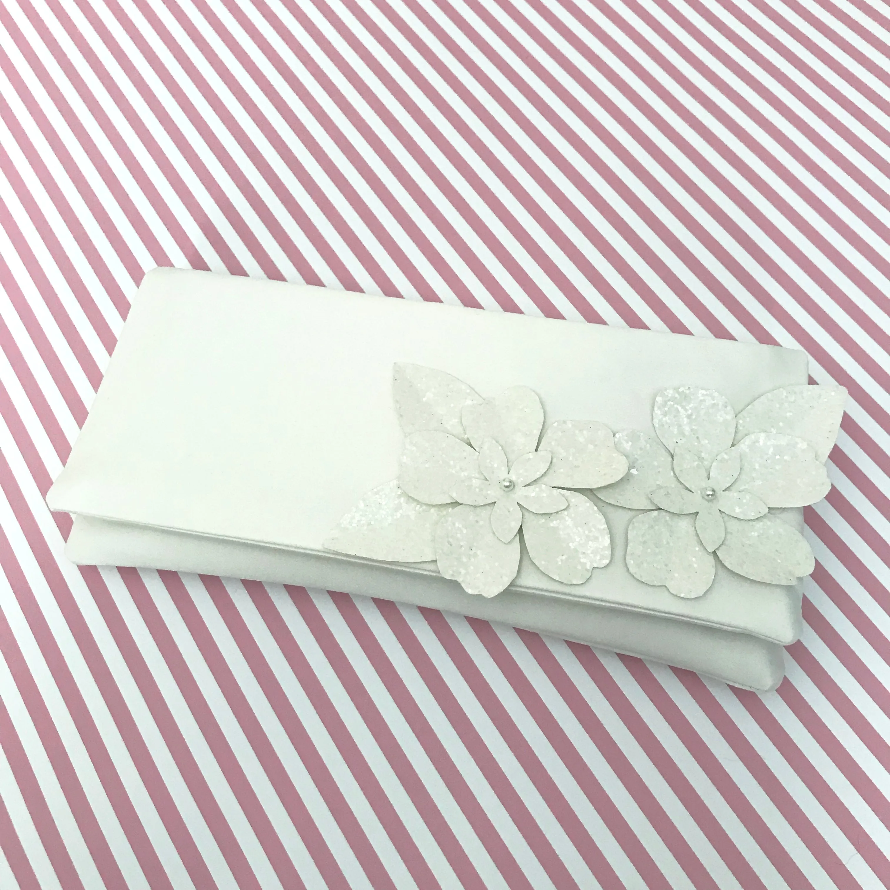 Ivory satin and glitter flower wedding clutch handbag ASTOR