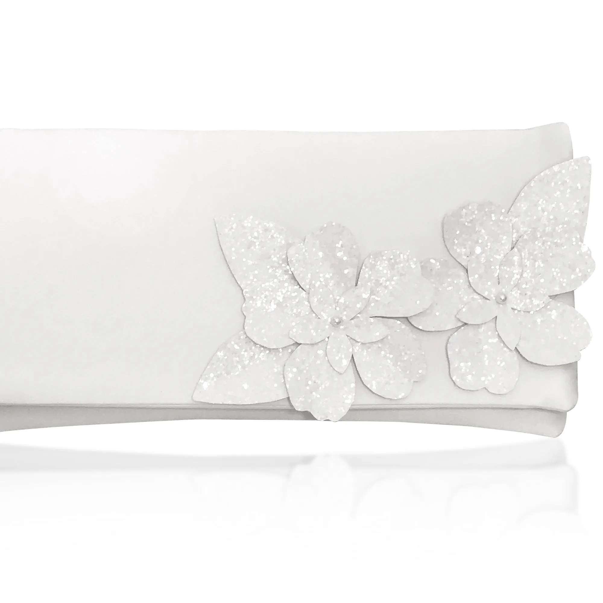 Ivory satin and glitter flower wedding clutch handbag ASTOR