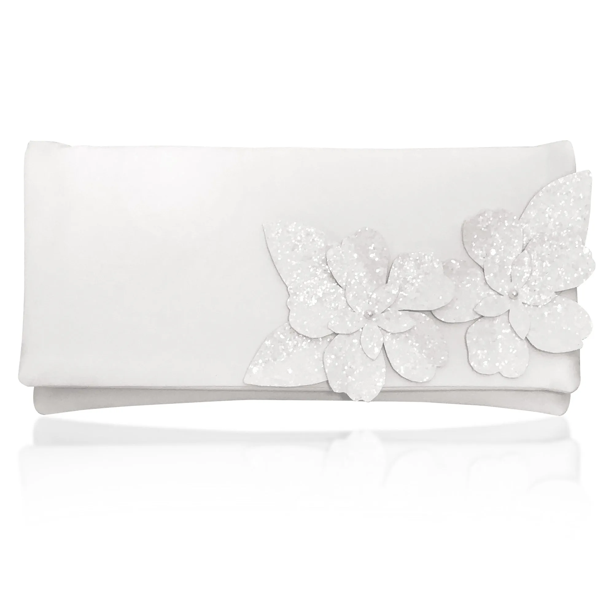 Ivory satin and glitter flower wedding clutch handbag ASTOR