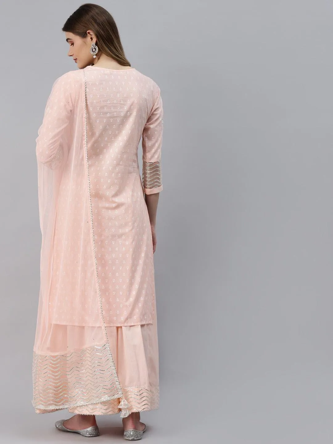 Jashvi Light Pink Kurta Palazzo Set with Net Dupatta