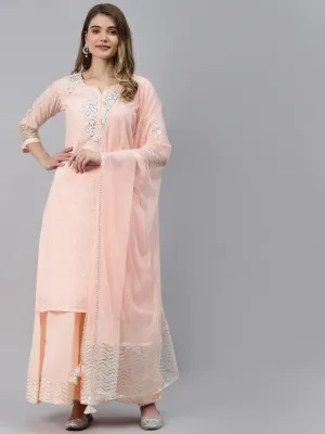 Jashvi Light Pink Kurta Palazzo Set with Net Dupatta