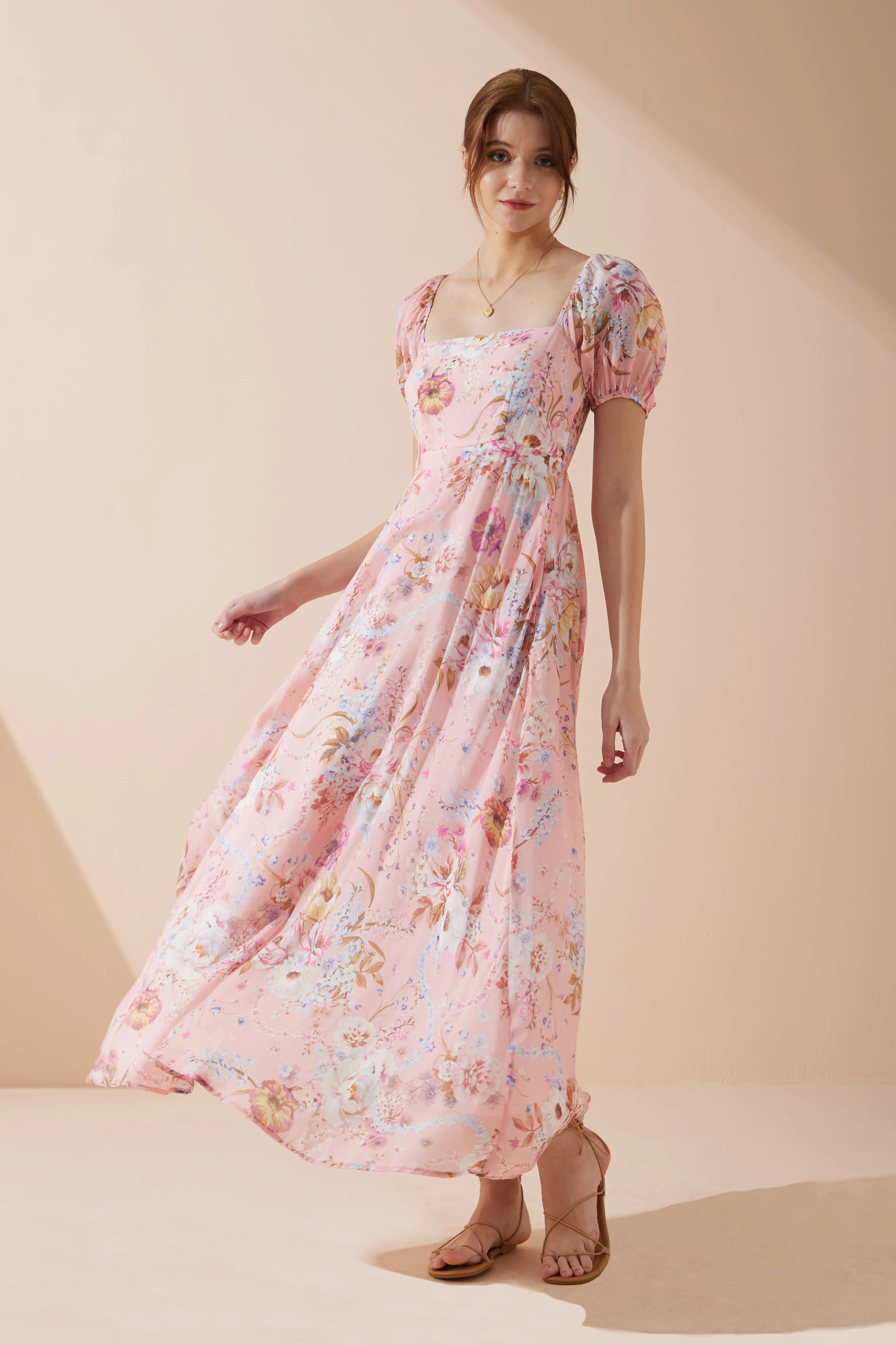 Juliette Pink Floral Puff Sleeve Maxi Dress