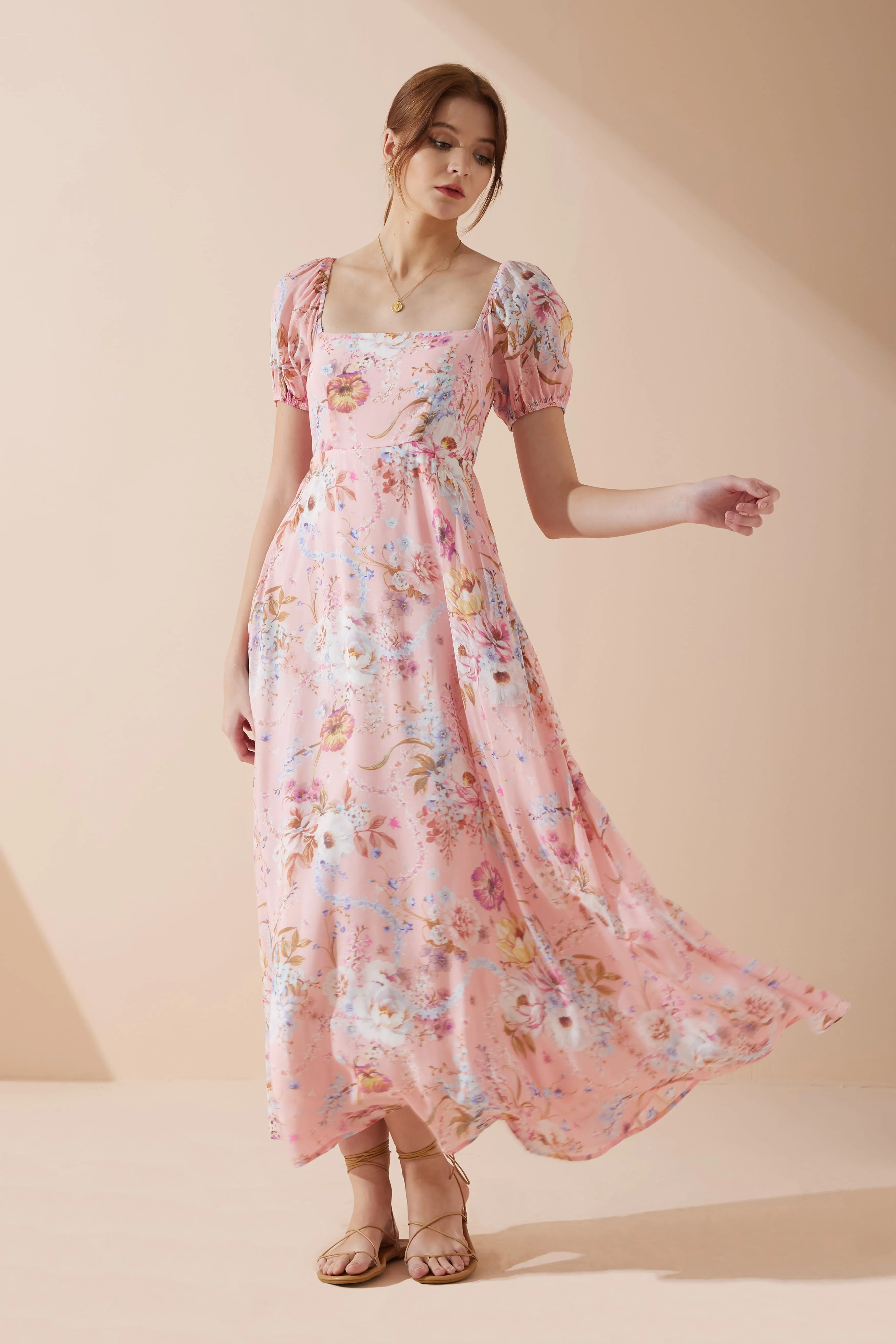 Juliette Pink Floral Puff Sleeve Maxi Dress