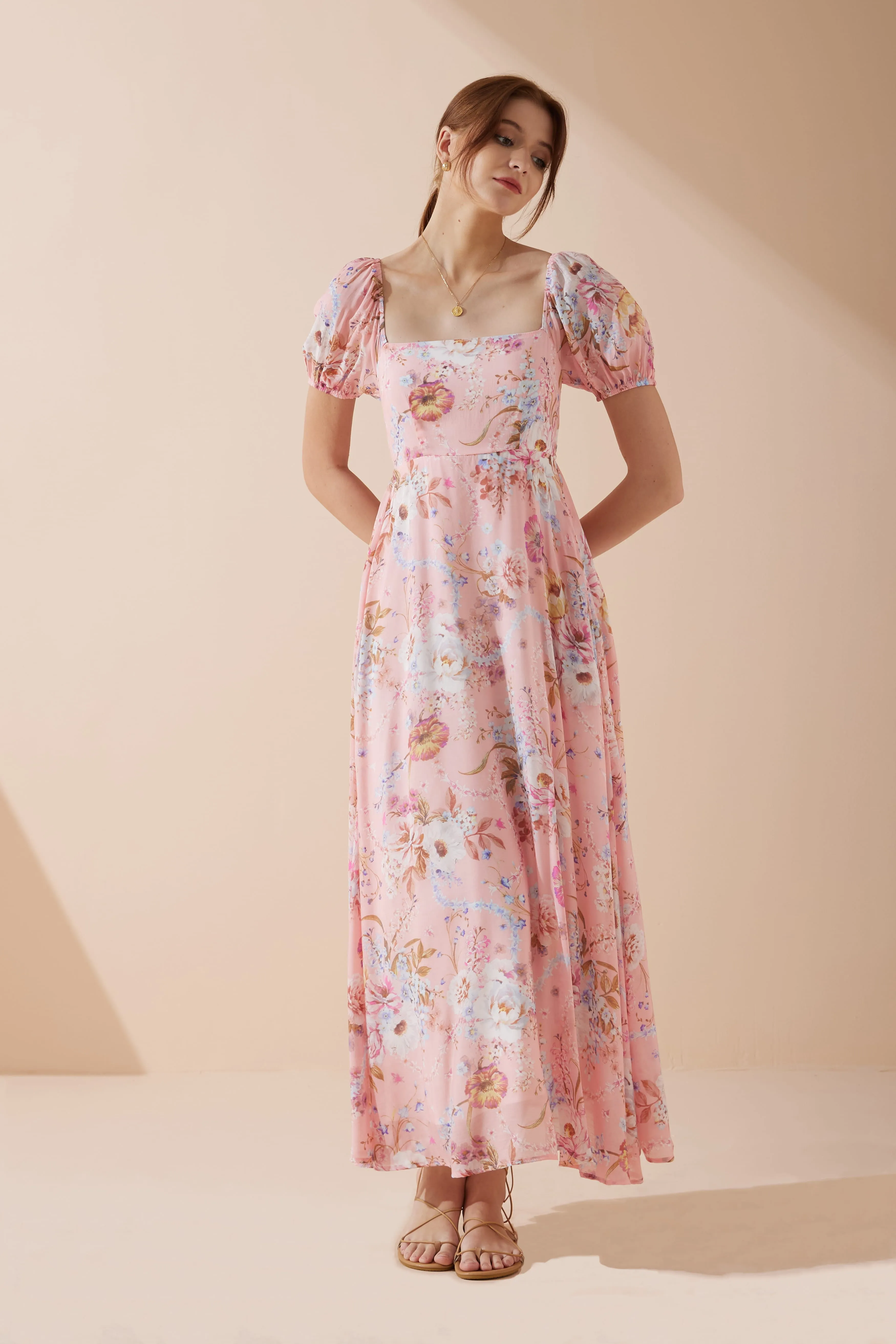 Juliette Pink Floral Puff Sleeve Maxi Dress