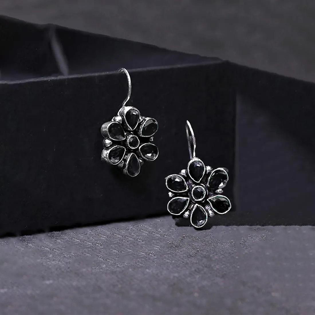 Kairangi Oxidised Drop Earrings for Women Silver Oxidised Handmand Floral Charm Studded Black Stone Drop Earrings Women And Girls.