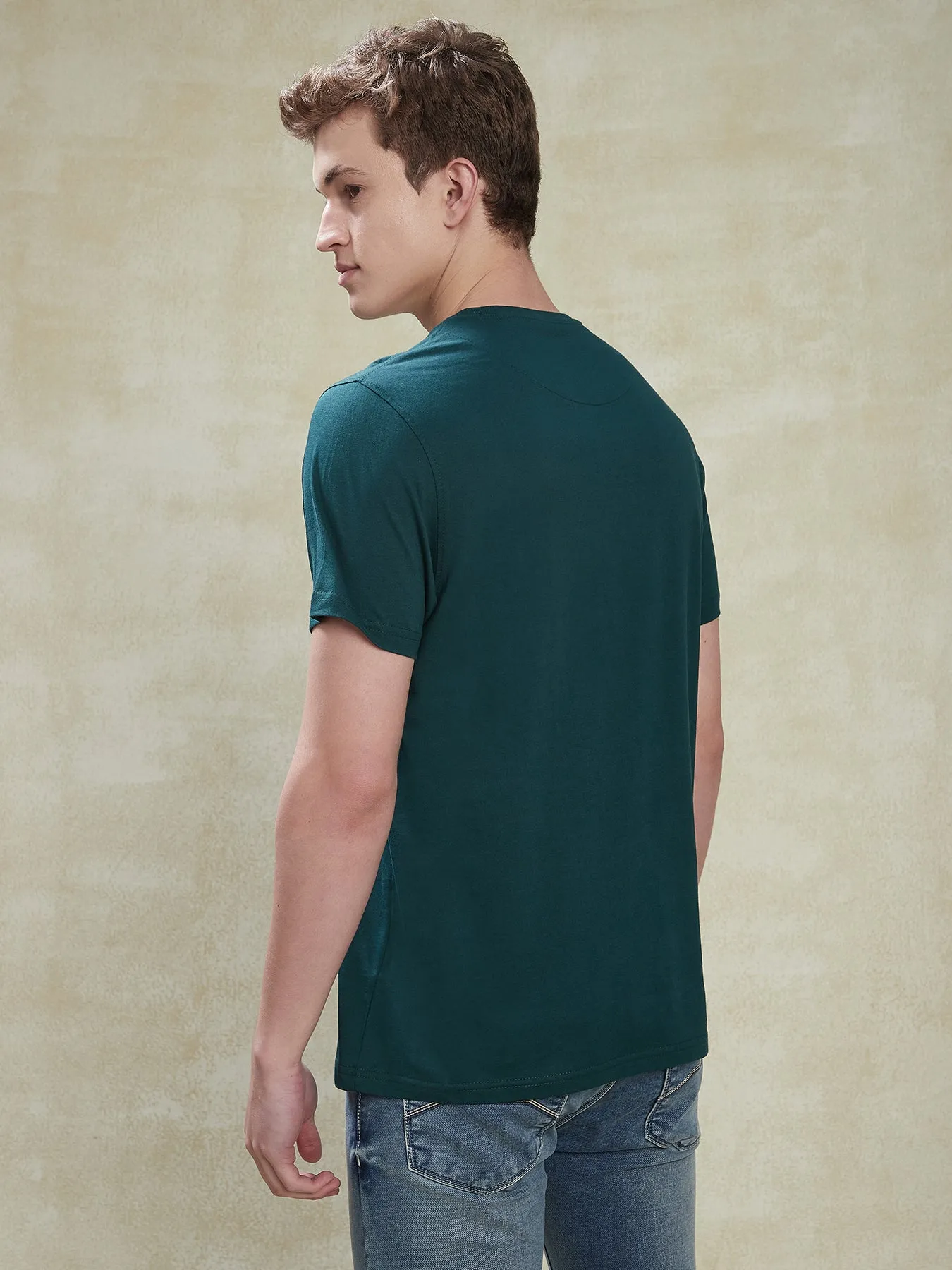 KNITTED Green CREW Half Sleeve Casual Mens Plain T Shirt