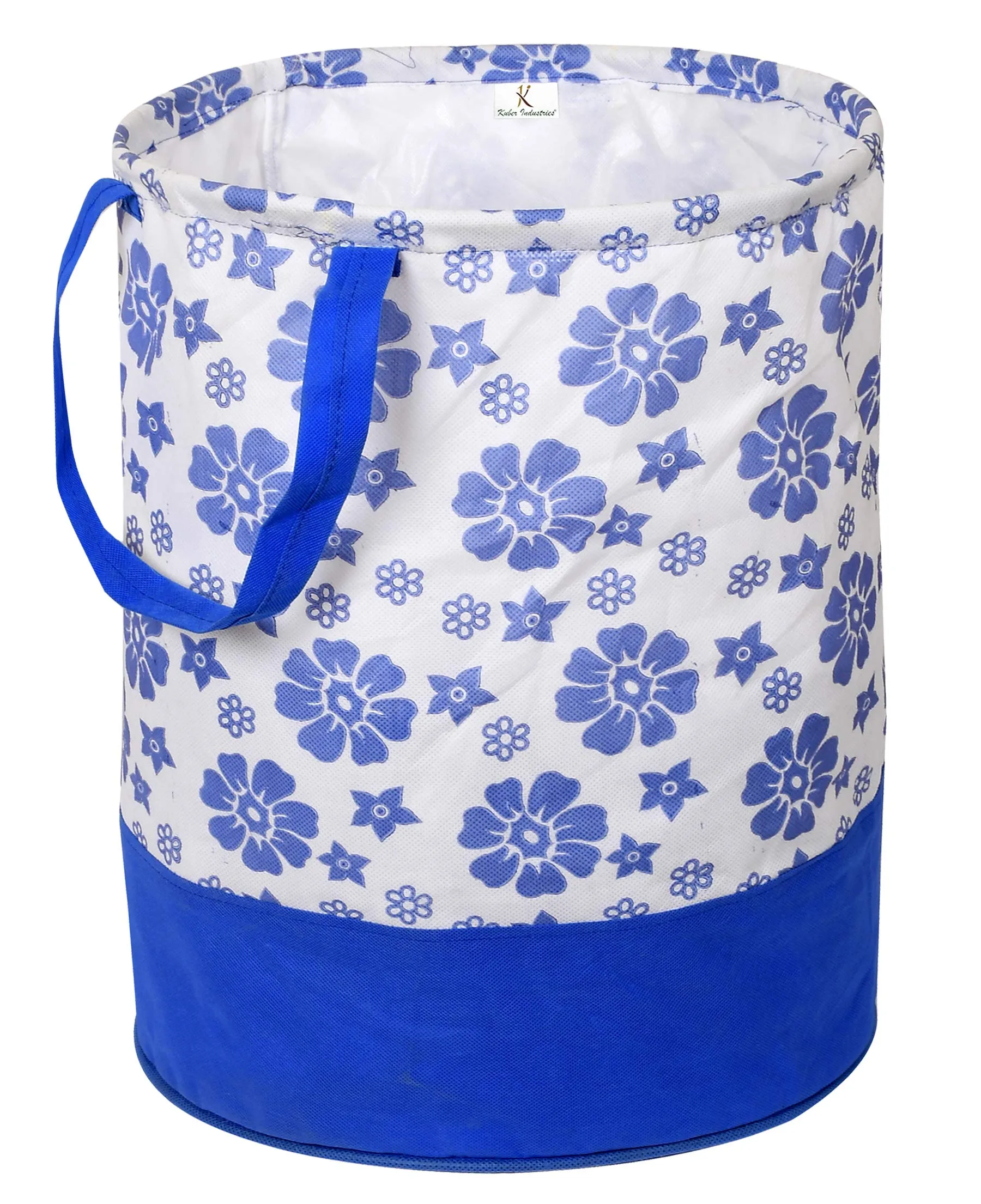 Kuber Industries Flower Print Round Non Woven Fabric Foldable Laundry Basket, Toy Storage Basket, Cloth Storage Basket With Handles,45 Ltr (Blue)-KUBMART11608