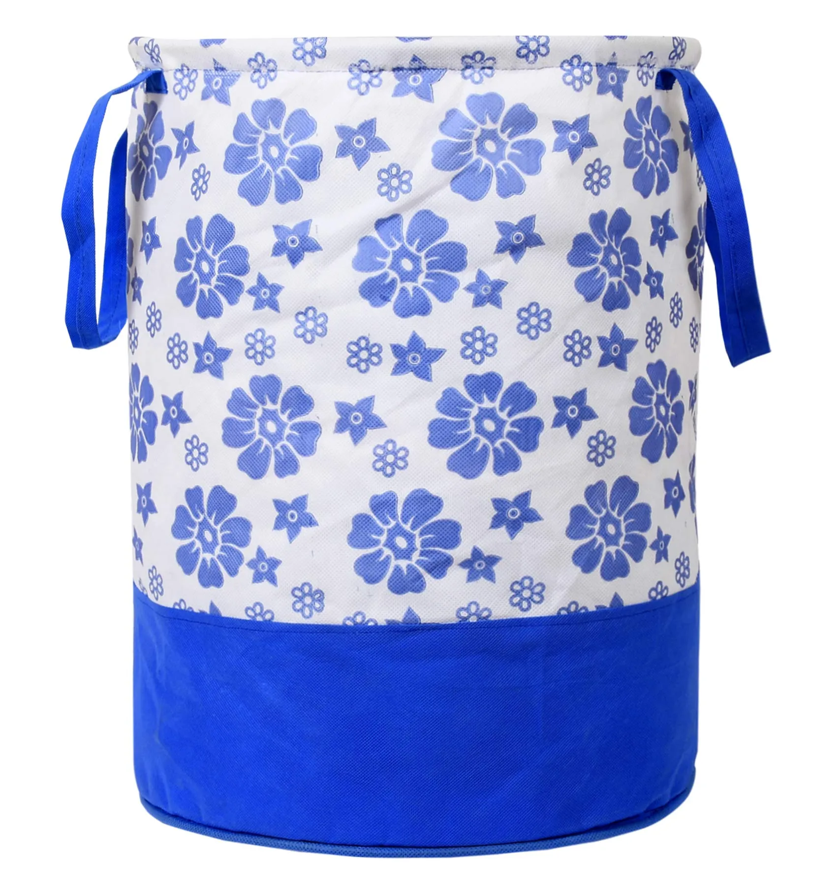 Kuber Industries Flower Print Round Non Woven Fabric Foldable Laundry Basket, Toy Storage Basket, Cloth Storage Basket With Handles,45 Ltr (Blue)-KUBMART11608