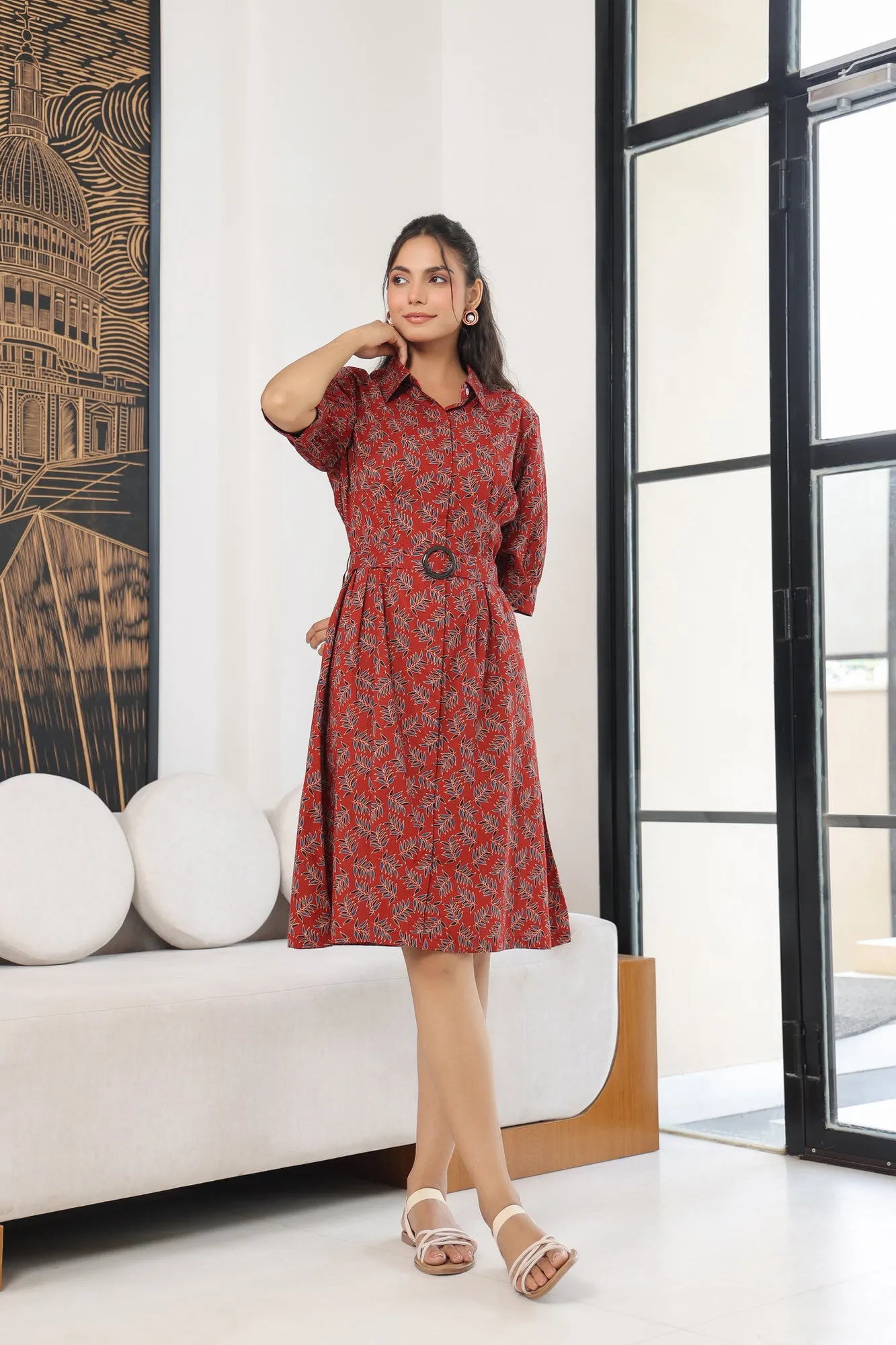 Leafy Red Cotton Midi Dress