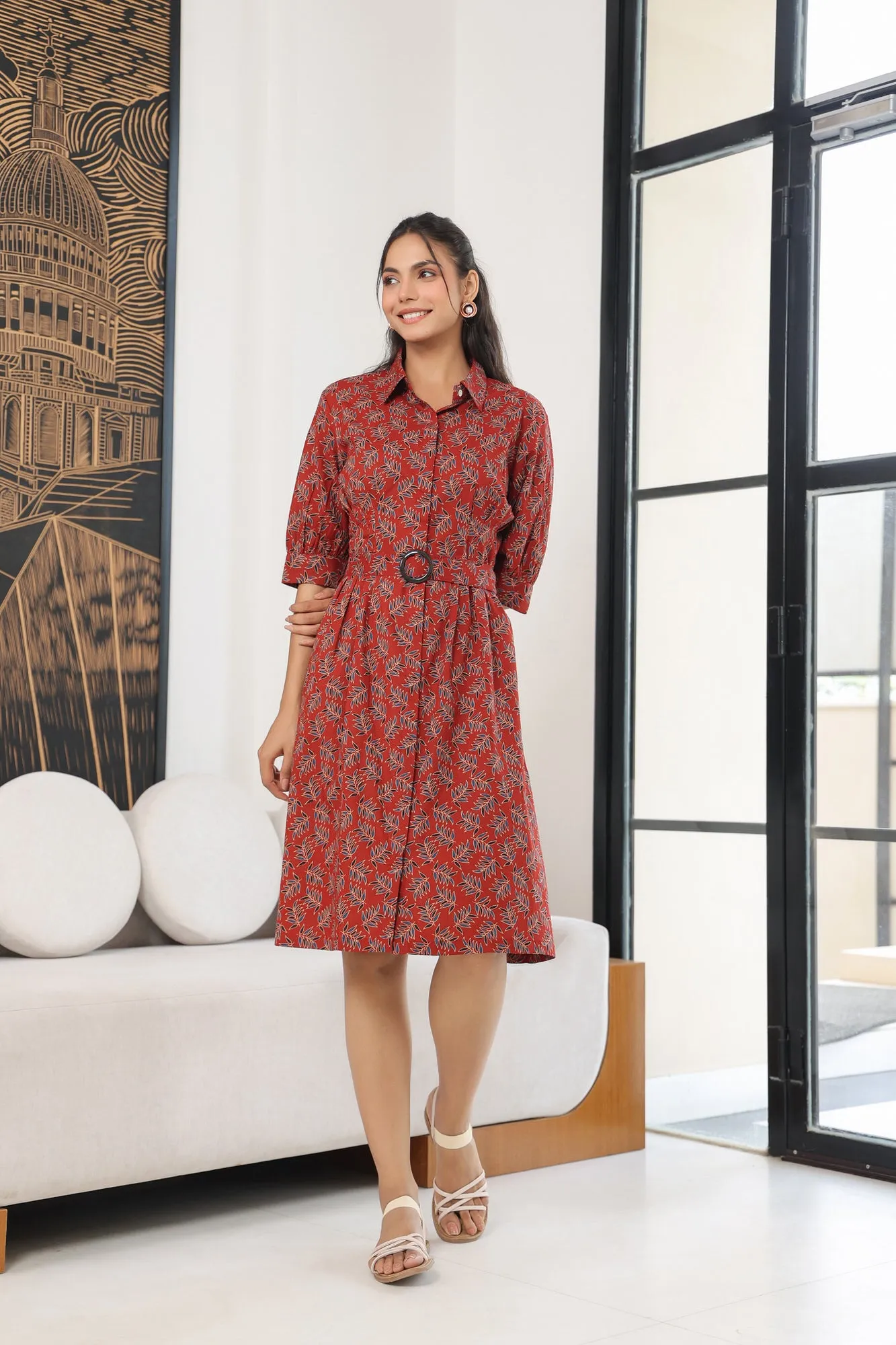 Leafy Red Cotton Midi Dress