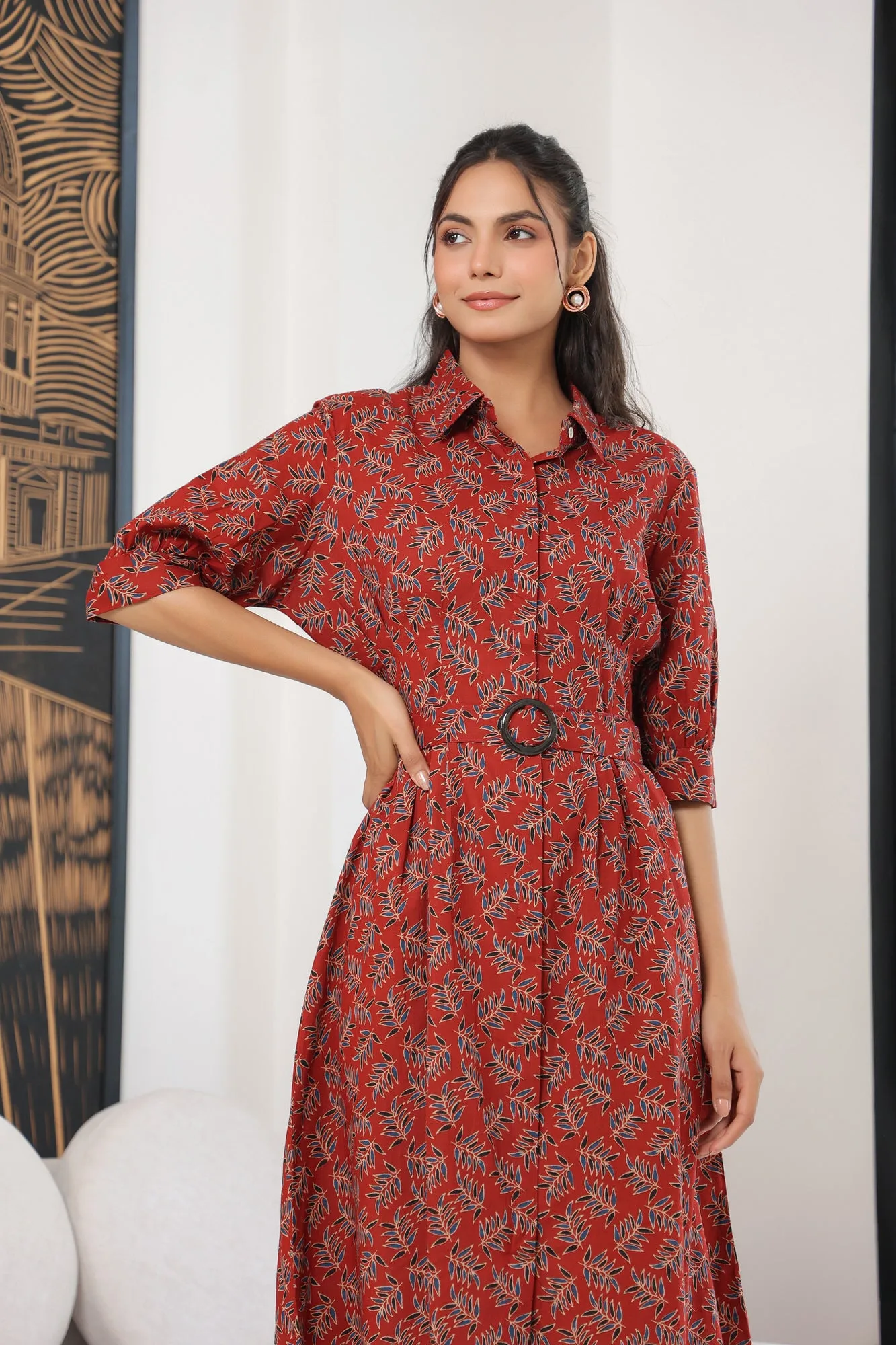 Leafy Red Cotton Midi Dress