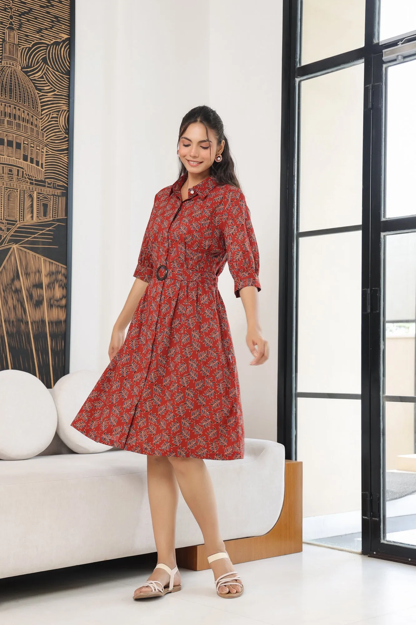 Leafy Red Cotton Midi Dress