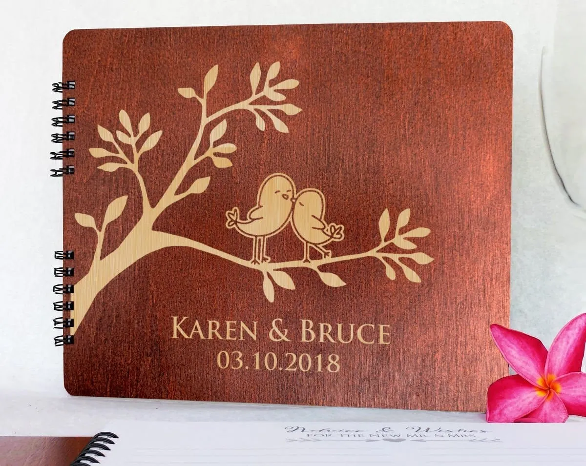 Love Birds Couple Rustic 8.5x7 Wooden Guestbook Bride Groom Soon to Be Mr Mrs Personalized Engraved Wedding Album Bridal Shower Gift