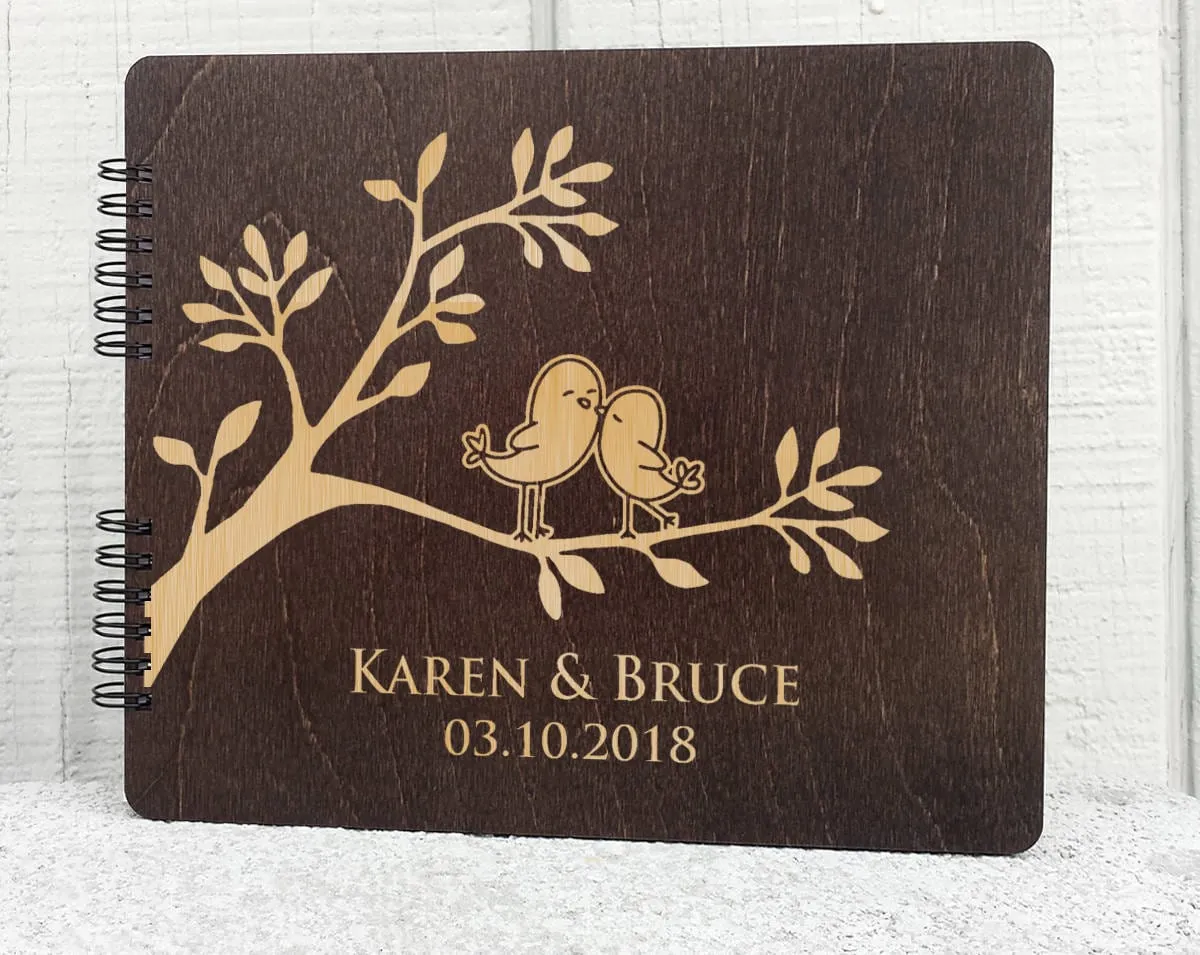 Love Birds Couple Rustic 8.5x7 Wooden Guestbook Bride Groom Soon to Be Mr Mrs Personalized Engraved Wedding Album Bridal Shower Gift