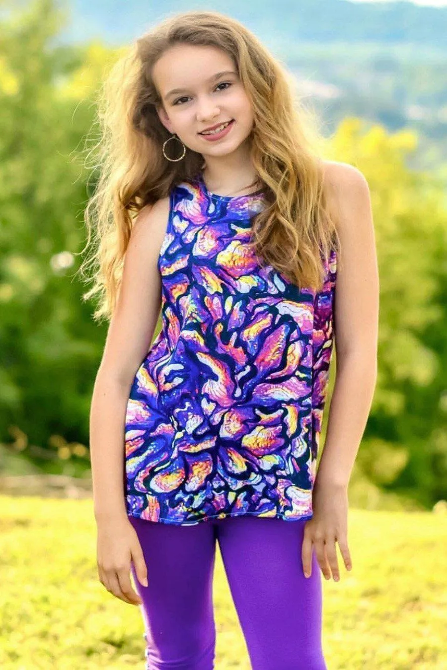 Make a Wish Emily Purple Print Sleeveless Fancy Top - Girls