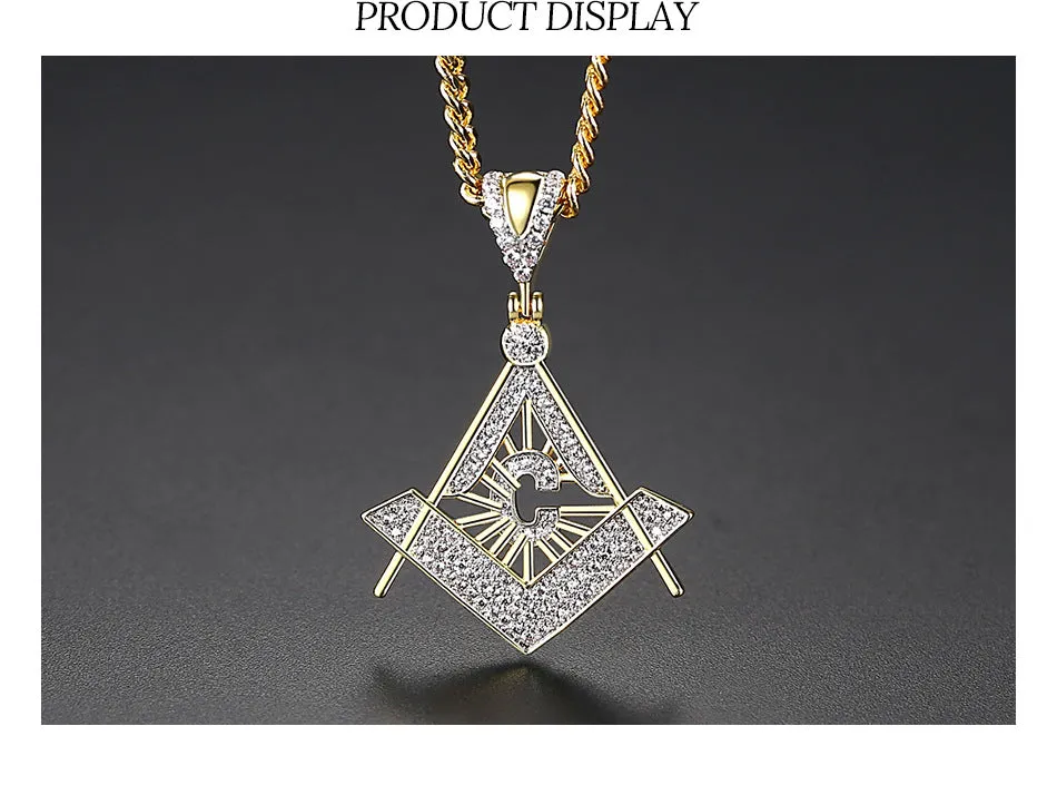 Master Mason Blue Lodge Necklace - Gold & White Copper Zircon With Rhinestones