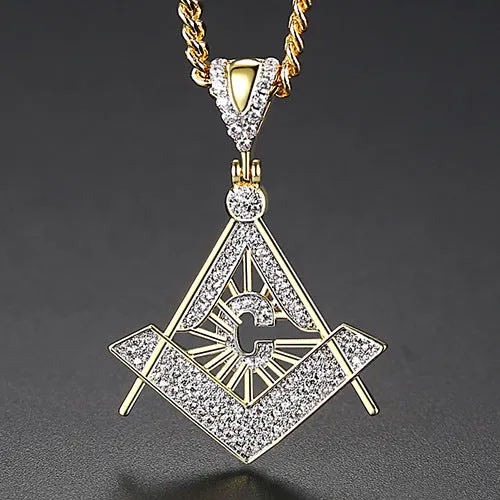 Master Mason Blue Lodge Necklace - Gold & White Copper Zircon With Rhinestones