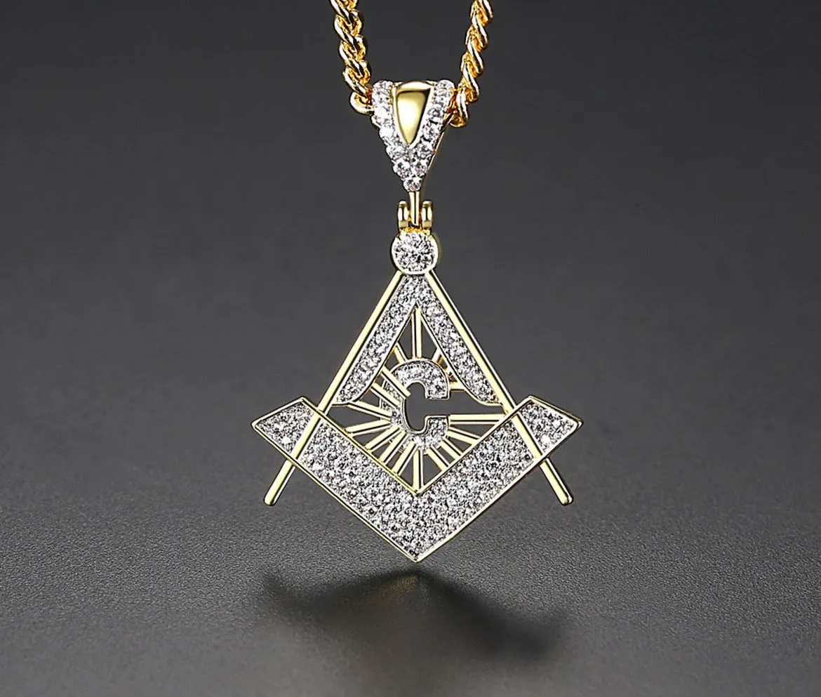 Master Mason Blue Lodge Necklace - Gold & White Copper Zircon With Rhinestones