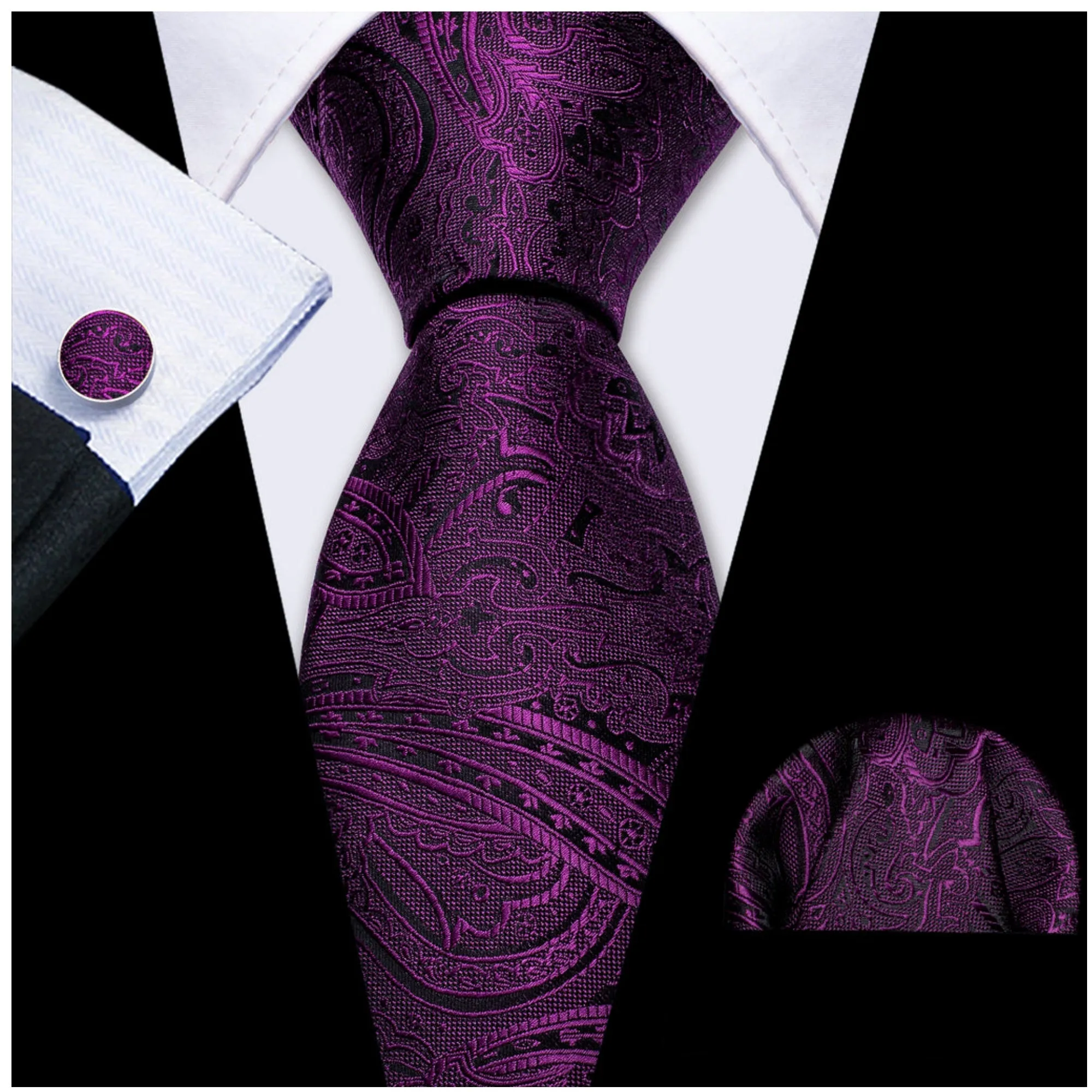 Men's Dark Purple Paisley 100% Silk Neck Tie With Matching Hanky And Cufflinks Set