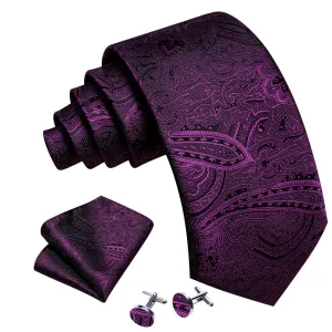 Men's Dark Purple Paisley 100% Silk Neck Tie With Matching Hanky And Cufflinks Set