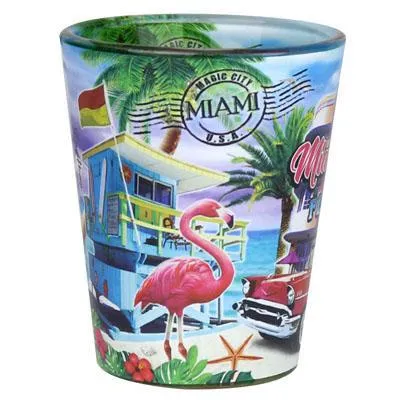 Miami Beach Florida City Scene Skyline In & Out Print Colorful Souvenir Shot Glass