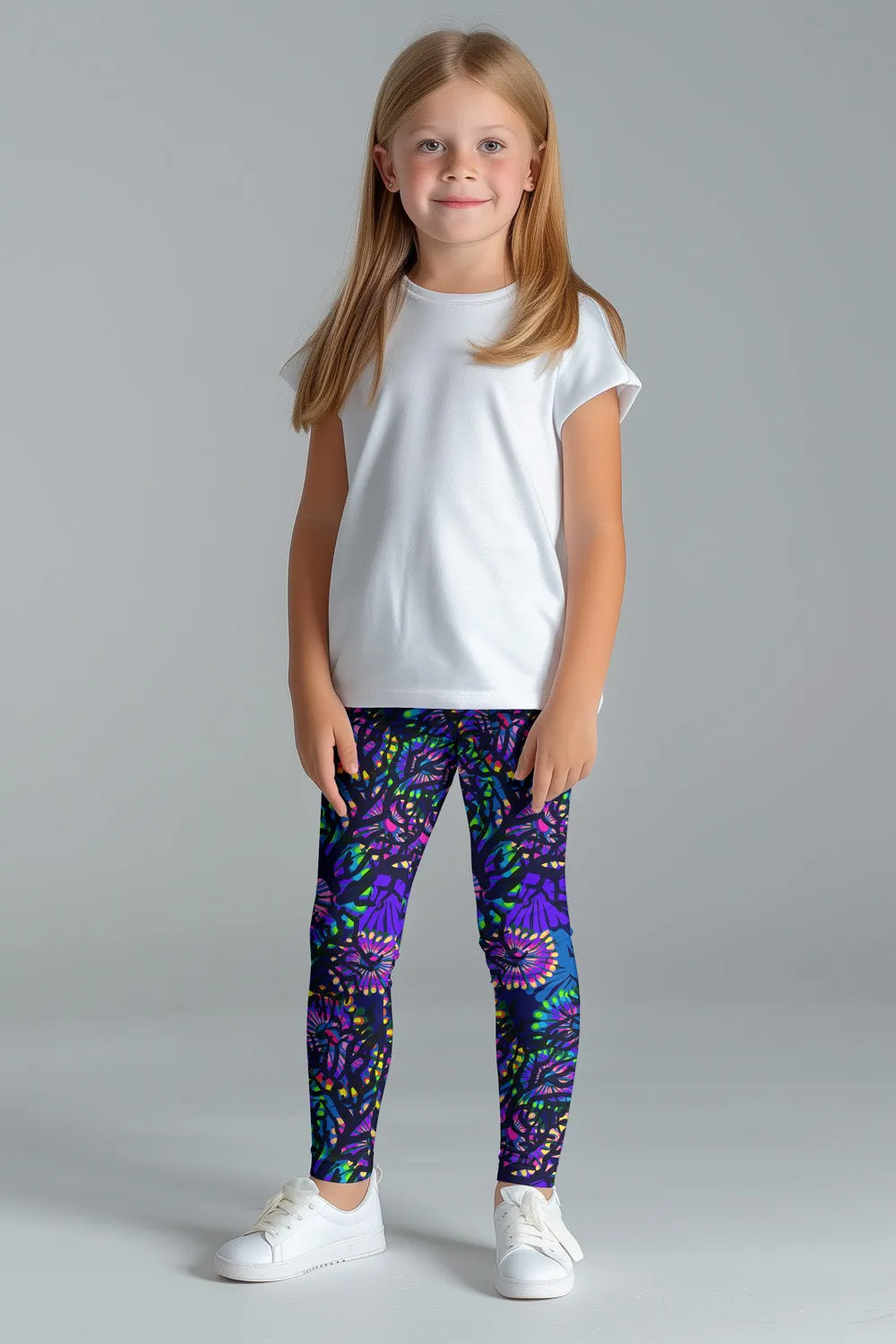 Midnight Glow Lucy Cute Purple Floral Print Leggings - Kids