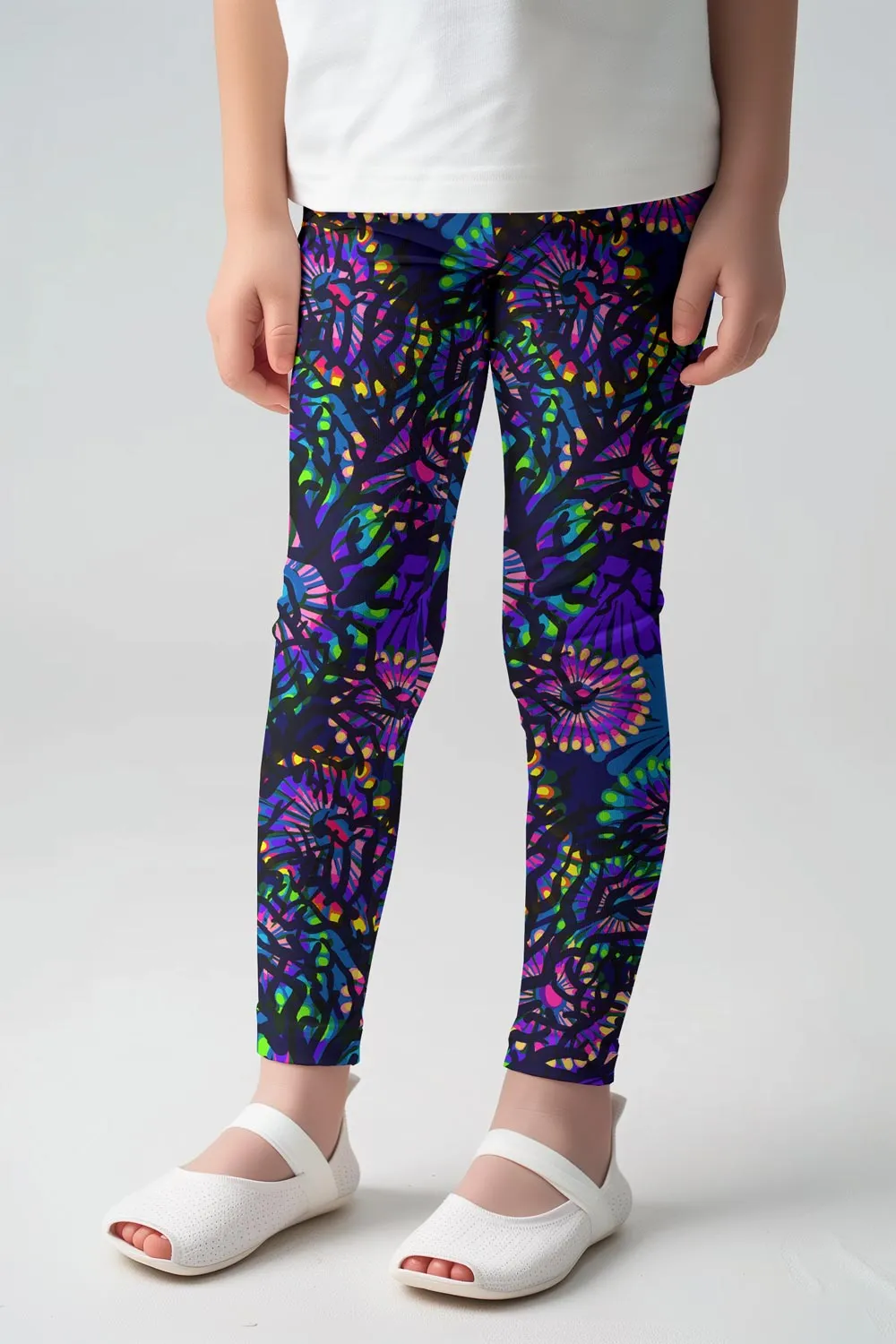 Midnight Glow Lucy Cute Purple Floral Print Leggings - Kids