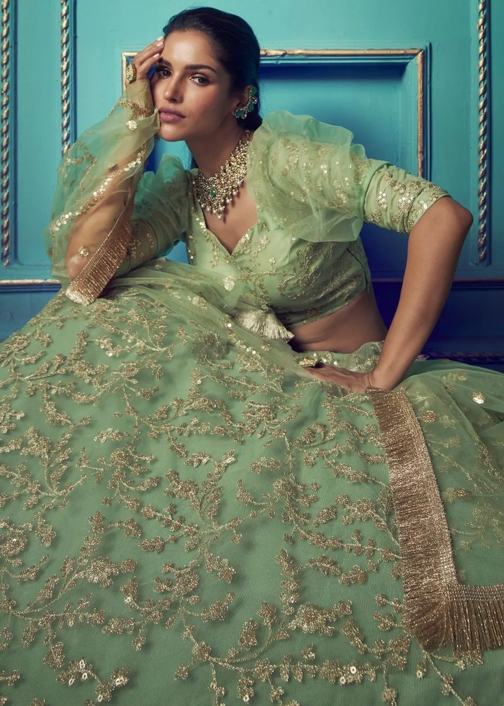 Mint Green Designer Soft Net Lehenga Choli with Ruffles and Sequin, Dori work