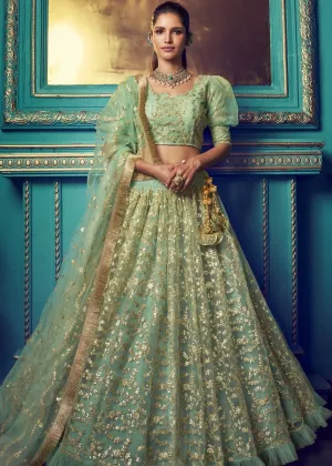 Mint Green Designer Soft Net Lehenga Choli with Ruffles and Sequin, Dori work