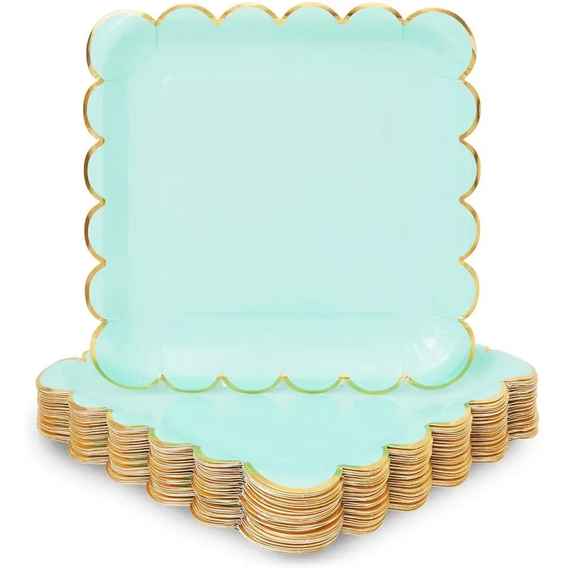 Mint Green Square Paper Plates, Gold Foil Scalloped Edge (9 In, 48 Pack)