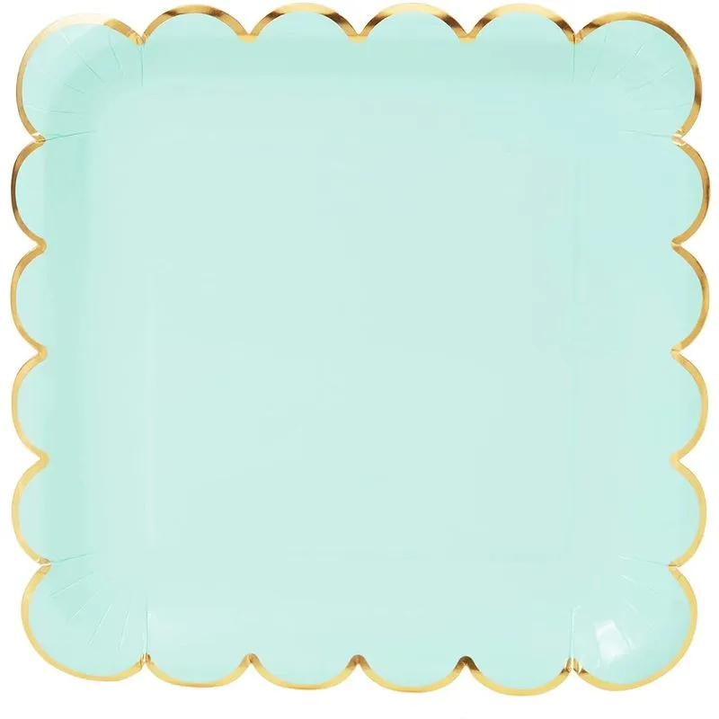 Mint Green Square Paper Plates, Gold Foil Scalloped Edge (9 In, 48 Pack)