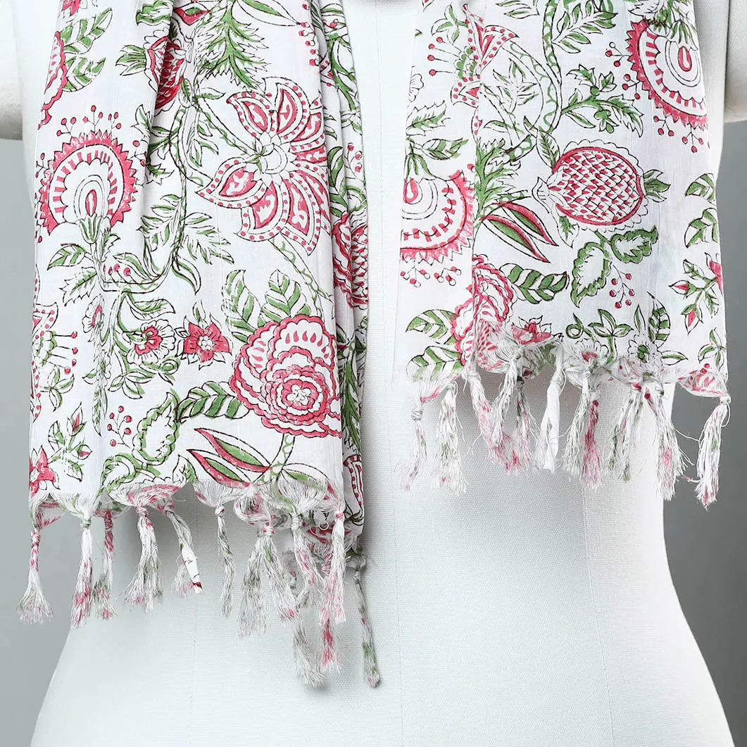 Multicolor - Sanganeri Block Printed Cotton Stole with Tassels 160