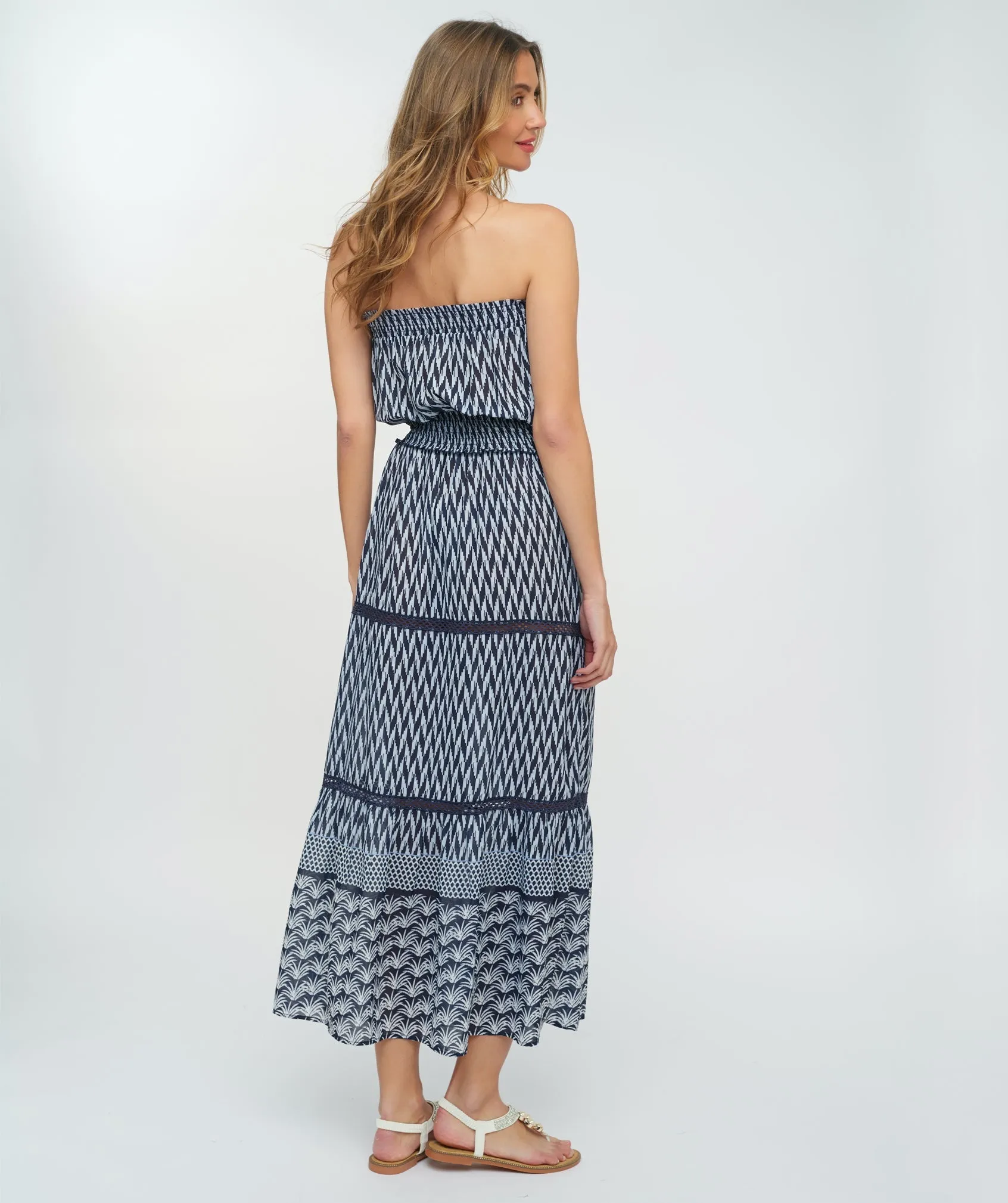 Navy and White Nautical Print Maxi Dress with Perforated Lace Details