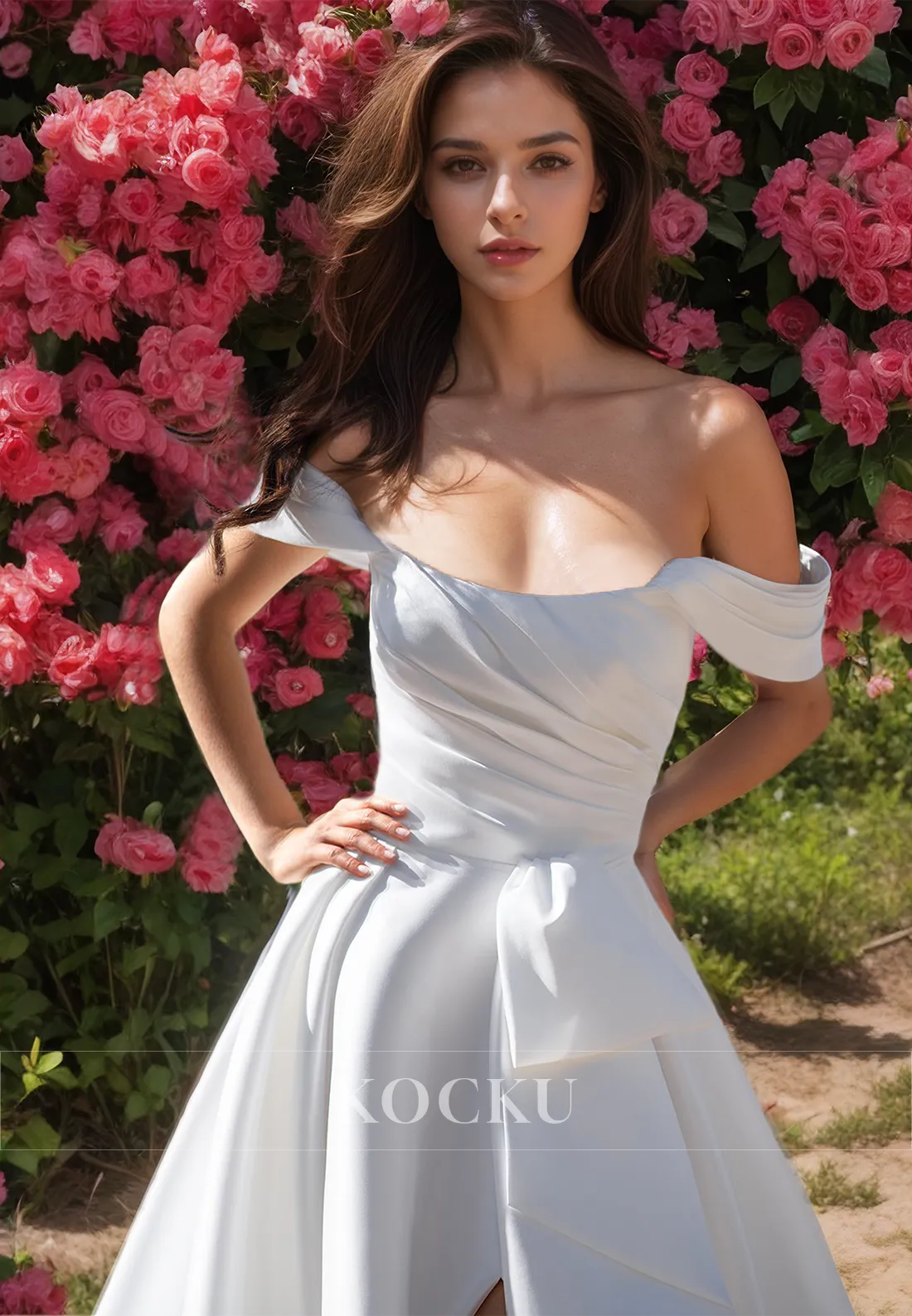 Off-Shoulder Tube Top A-Line Wedding Dress Sweep Train Ruched Satin Bridal Gowns with Slit