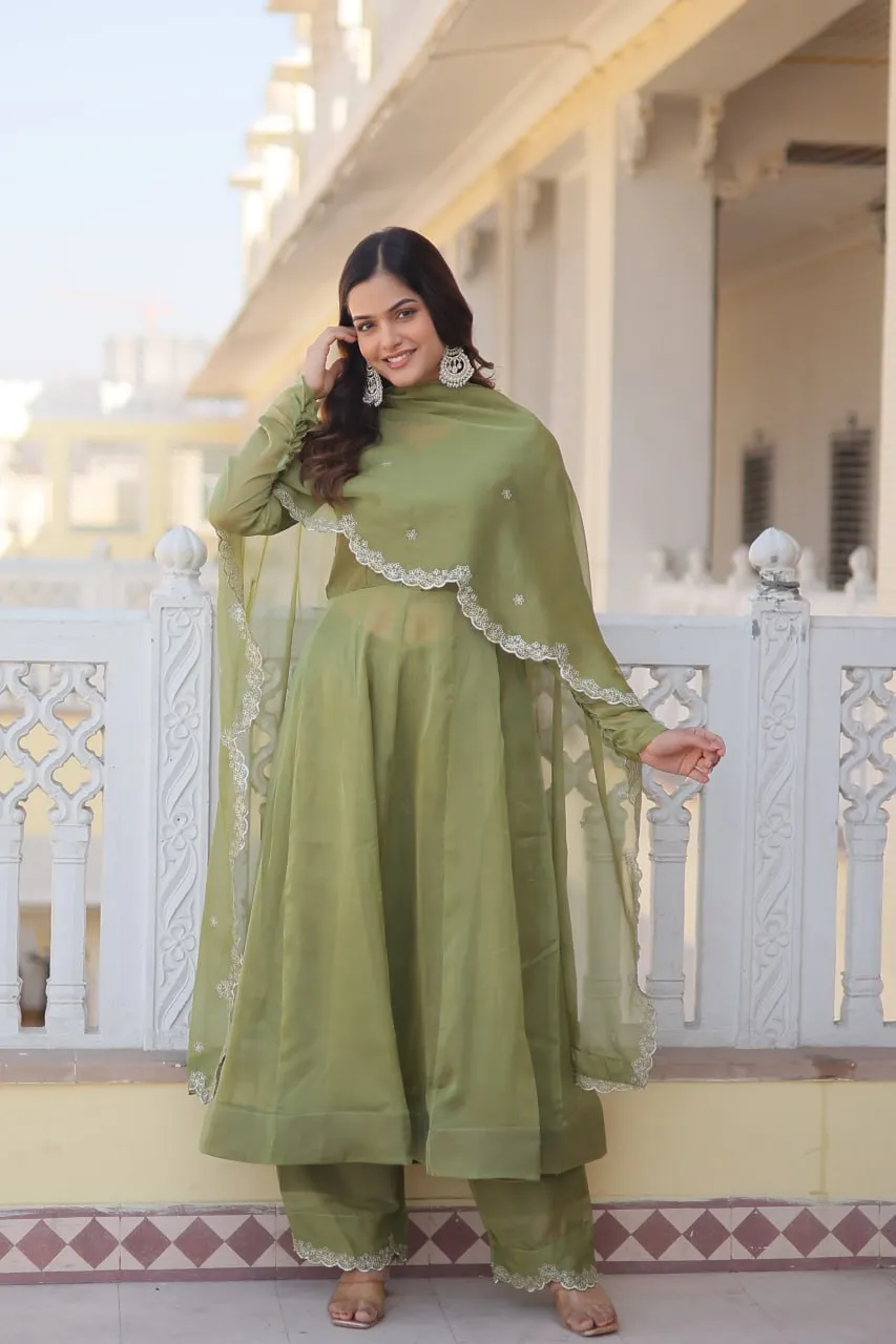 Parrot Green Premium Readymade Russian Silk Kurti Pant Dupatta Set - Graceful & Elegant