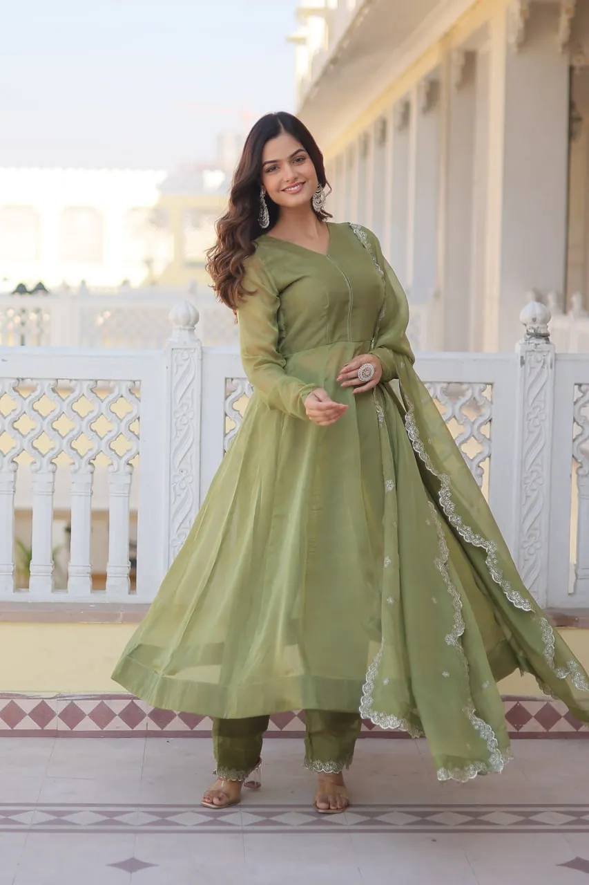 Parrot Green Premium Readymade Russian Silk Kurti Pant Dupatta Set - Graceful & Elegant