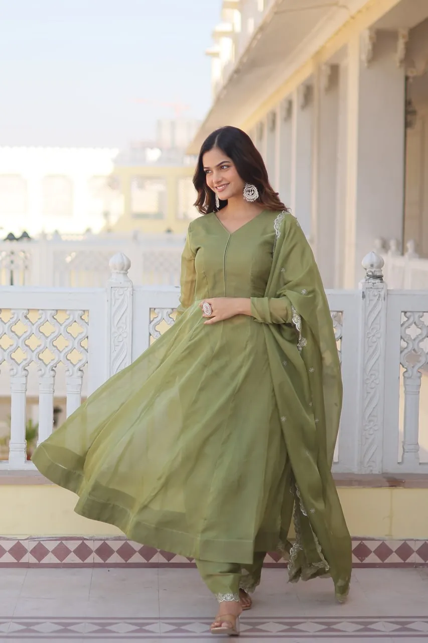 Parrot Green Premium Readymade Russian Silk Kurti Pant Dupatta Set - Graceful & Elegant