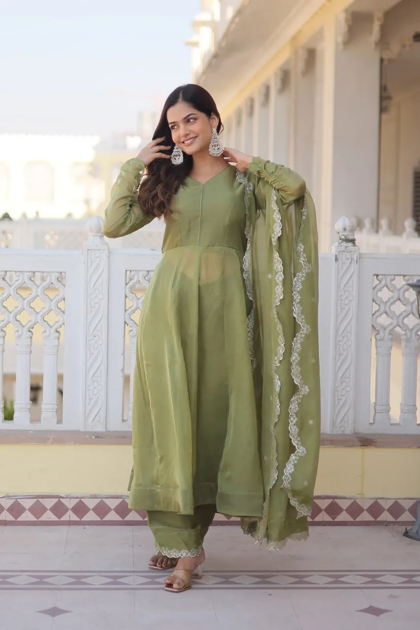 Parrot Green Premium Readymade Russian Silk Kurti Pant Dupatta Set - Graceful & Elegant