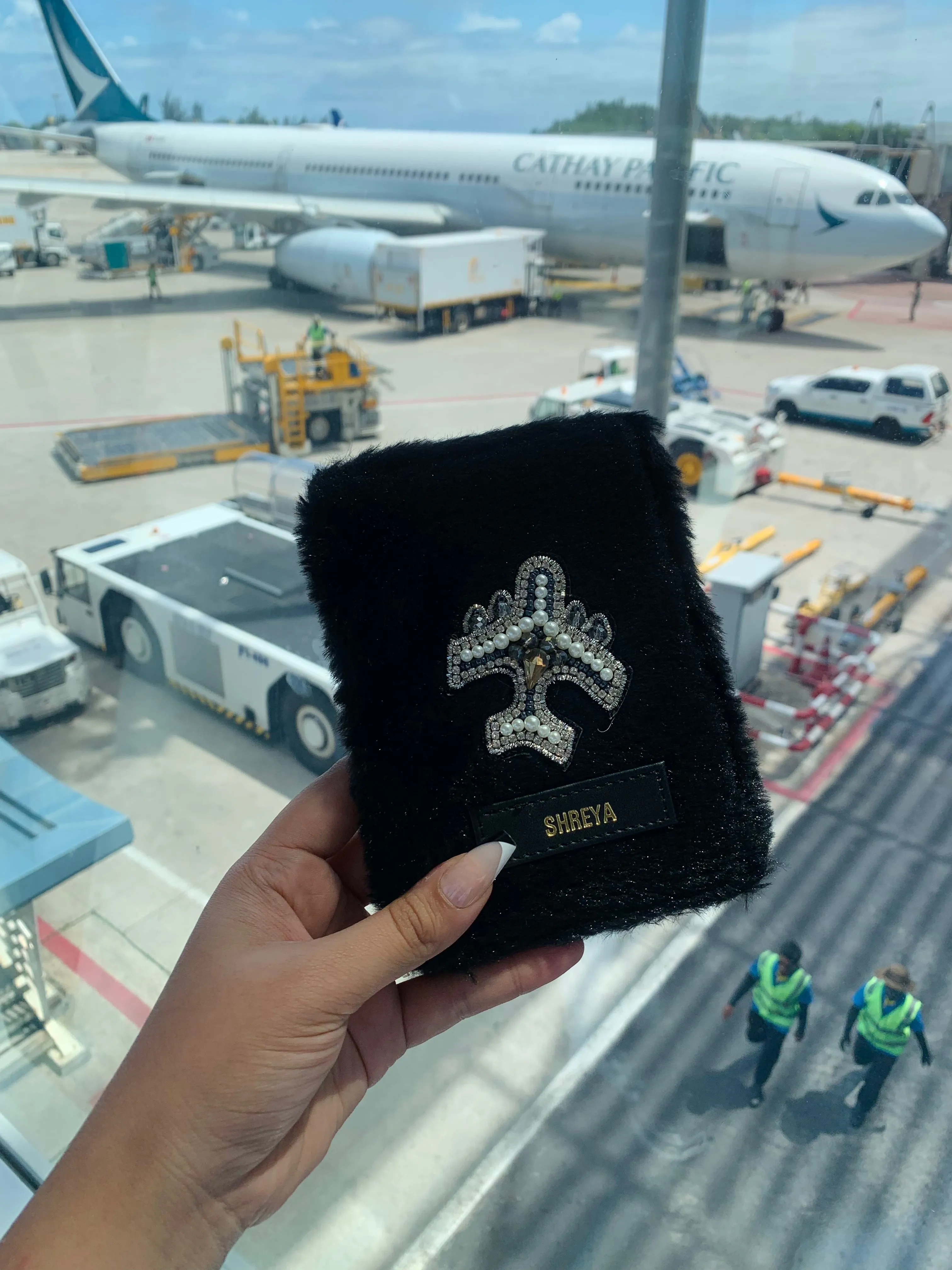 Passport Cover Black Fur with Diamond Plane