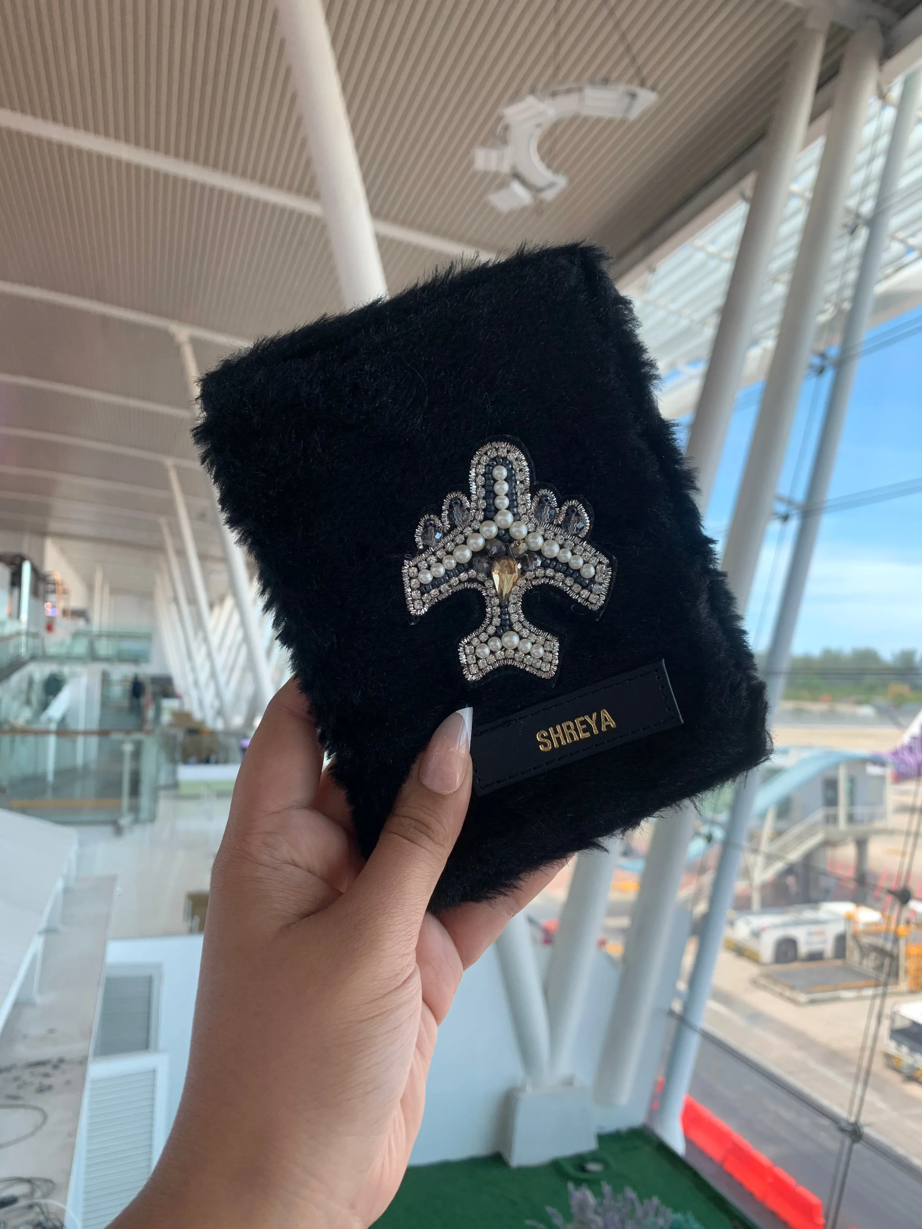 Passport Cover Black Fur with Diamond Plane