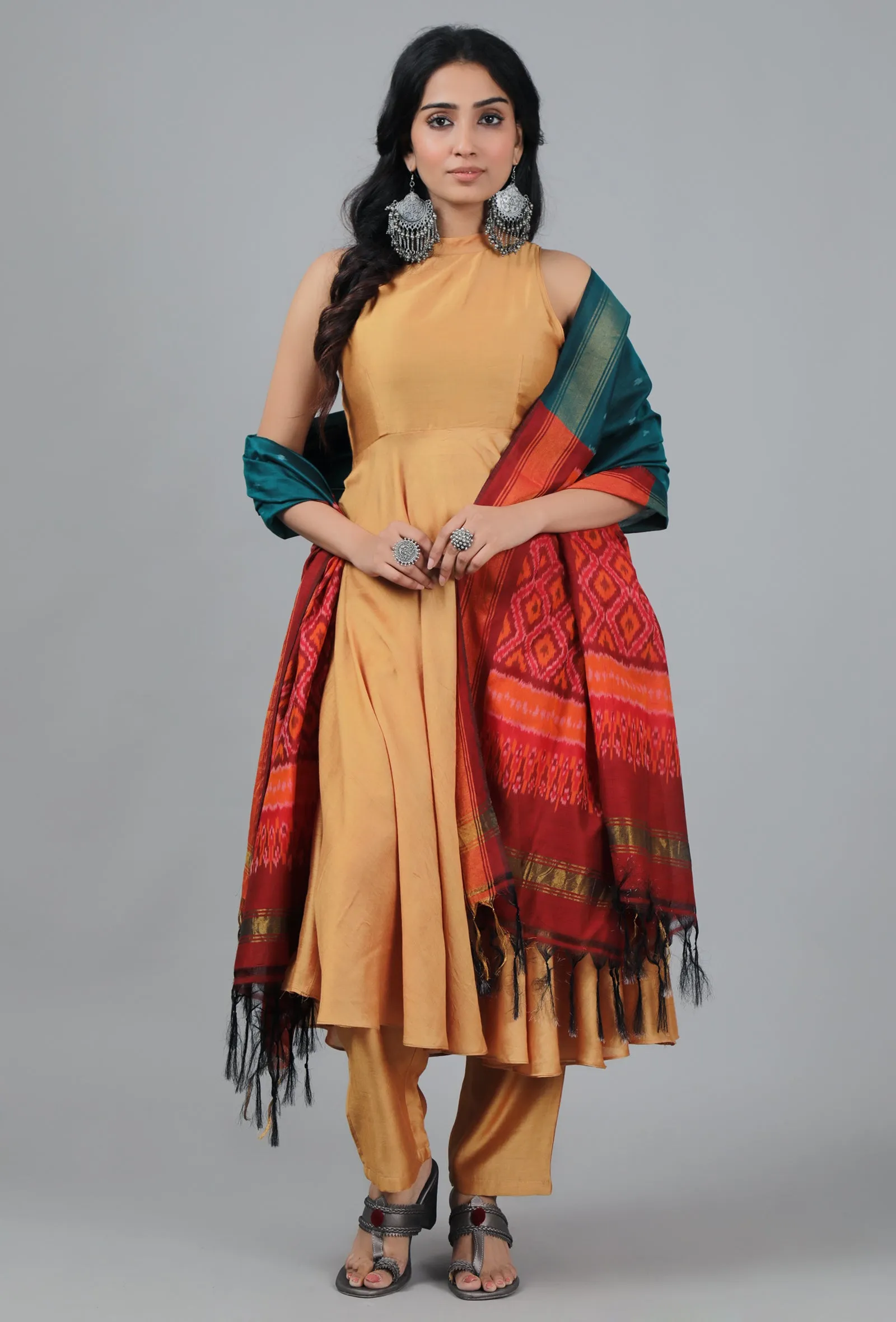 Peacock Green And Red-Orange Ikat Dupatta