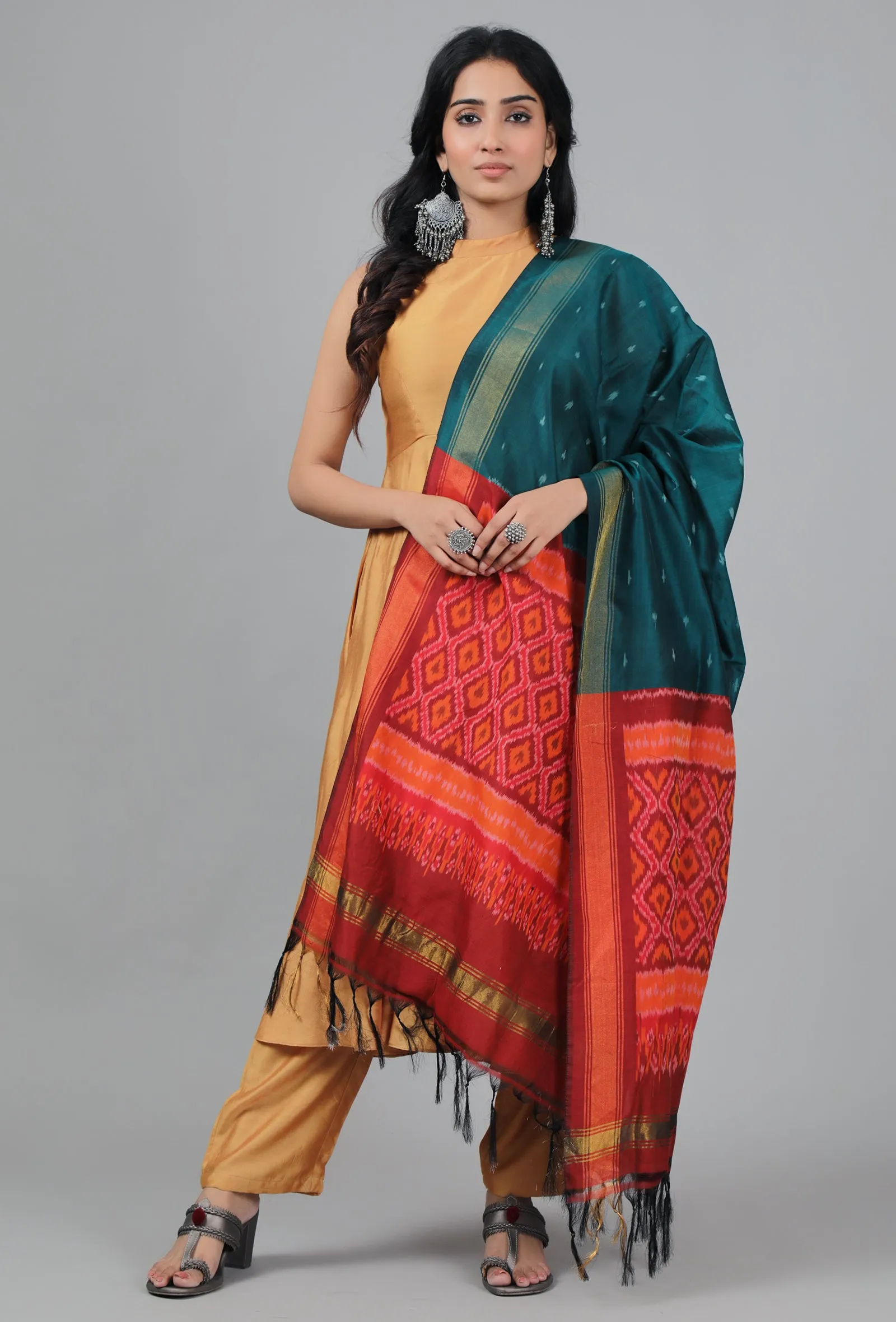 Peacock Green And Red-Orange Ikat Dupatta