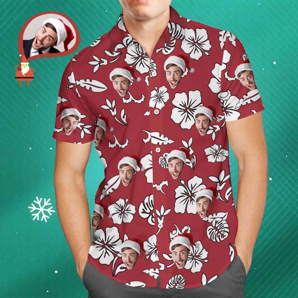 Personalized Hawaiian Shirt for Him Custom Face Hawaiian Shirt Flowers And Leaves Red