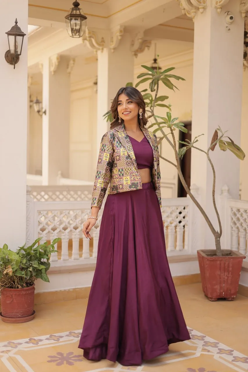 Purple Chinnon Lehenga Set with Sleeveless Blouse and Jacquard Koti