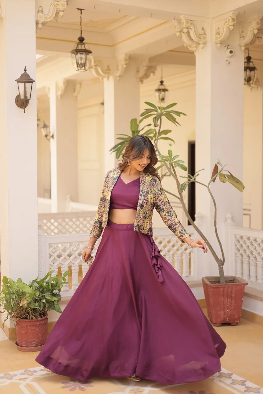 Purple Chinnon Lehenga Set with Sleeveless Blouse and Jacquard Koti