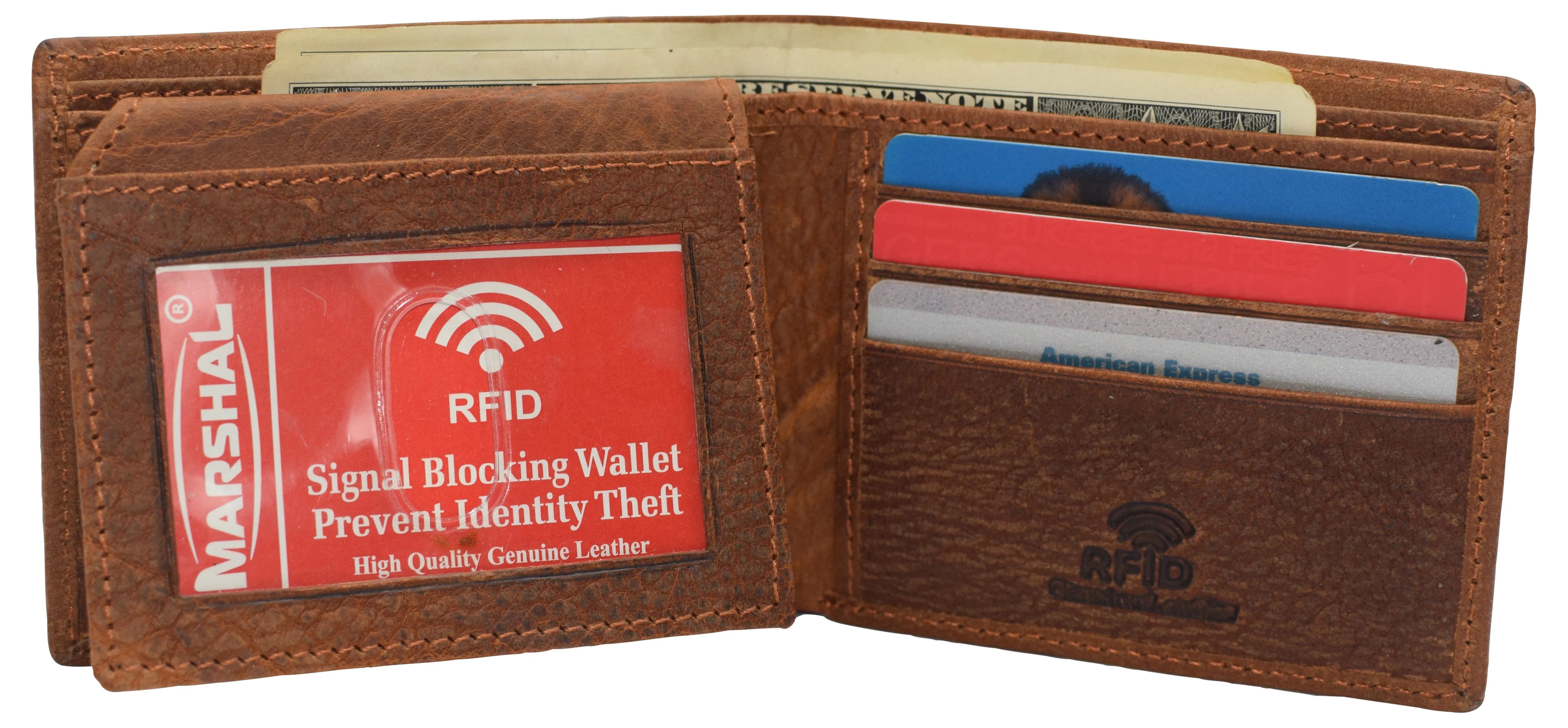 Real Genuine Leather RFID Blocking Wallets Mens Wallet Bifold Classic Engraved Logos