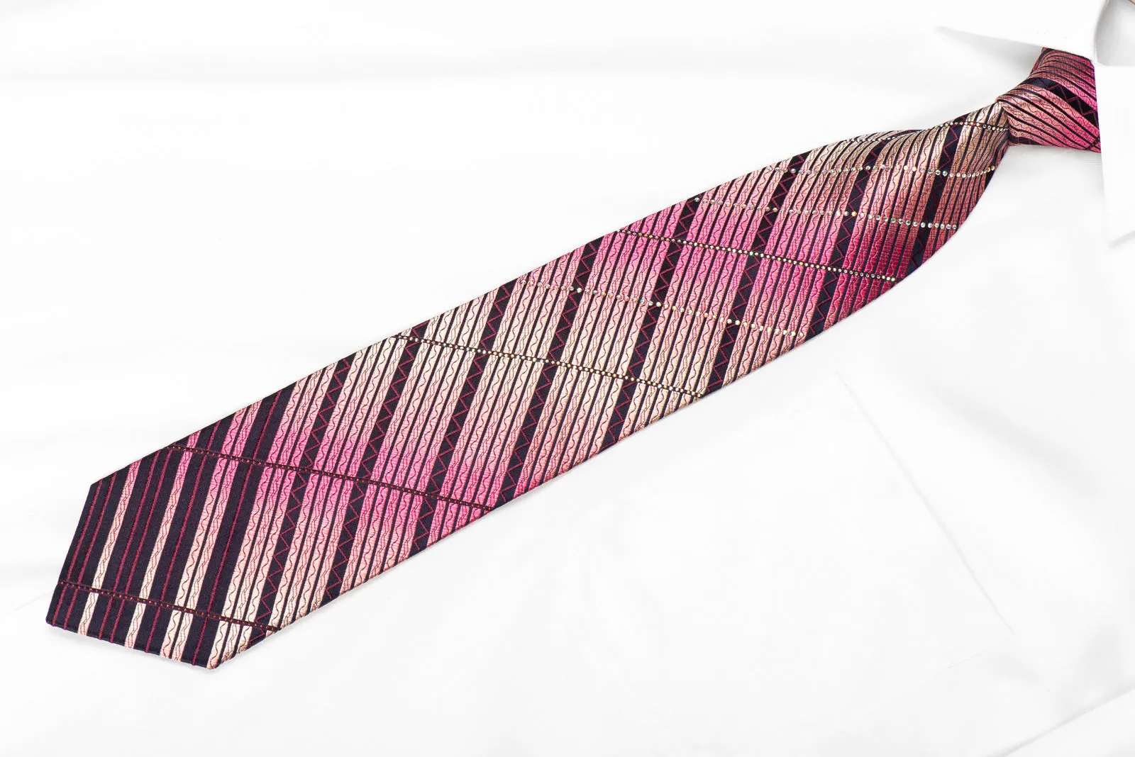 Renoma Men's Rhinestone Tie Pink Striped On Navy With Sparkles