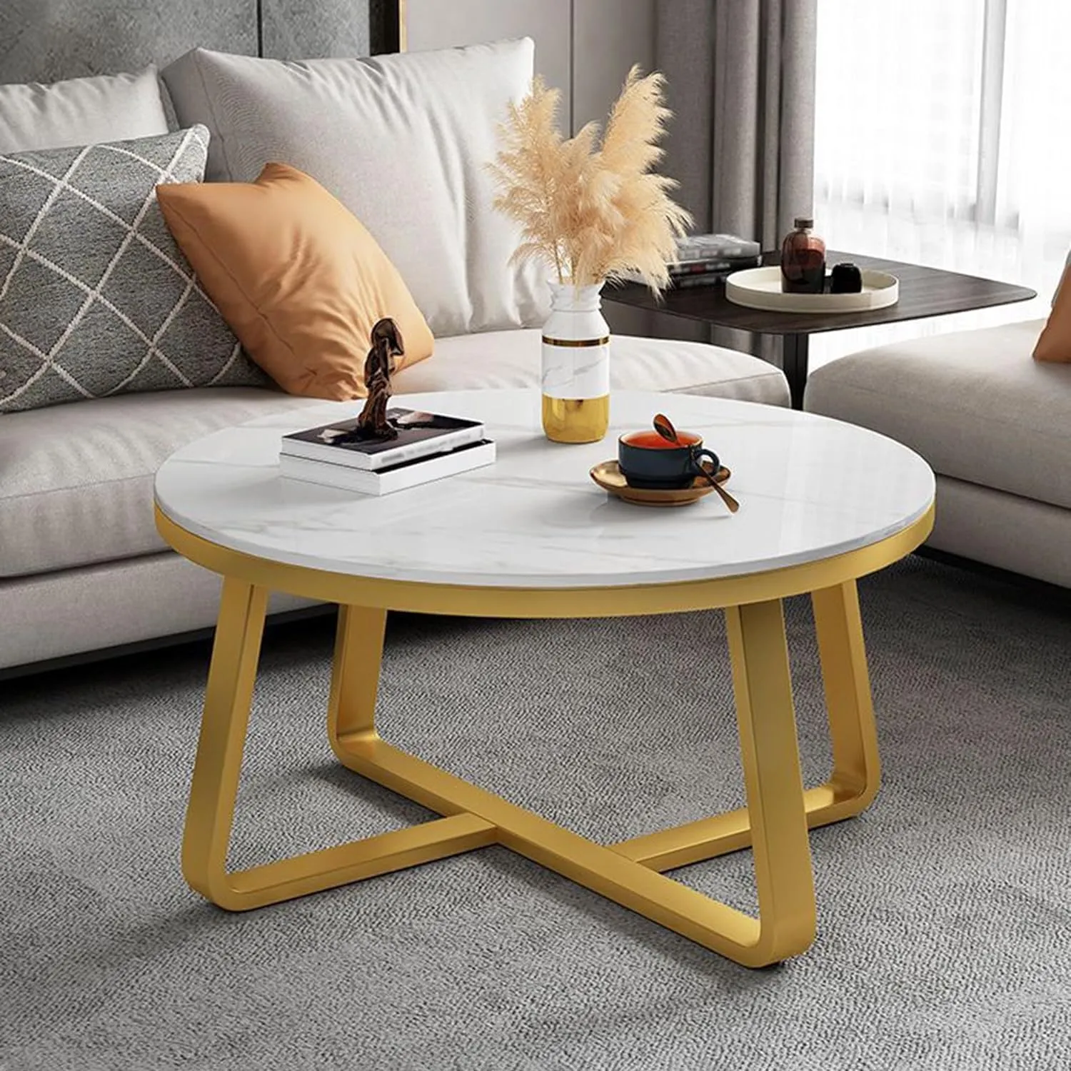 RIBAVARY™ Round Metal Frame Coffee Table for Living Room, Bedroom and Farmhouse, Center Table for Small Spaces, (White & Golden)