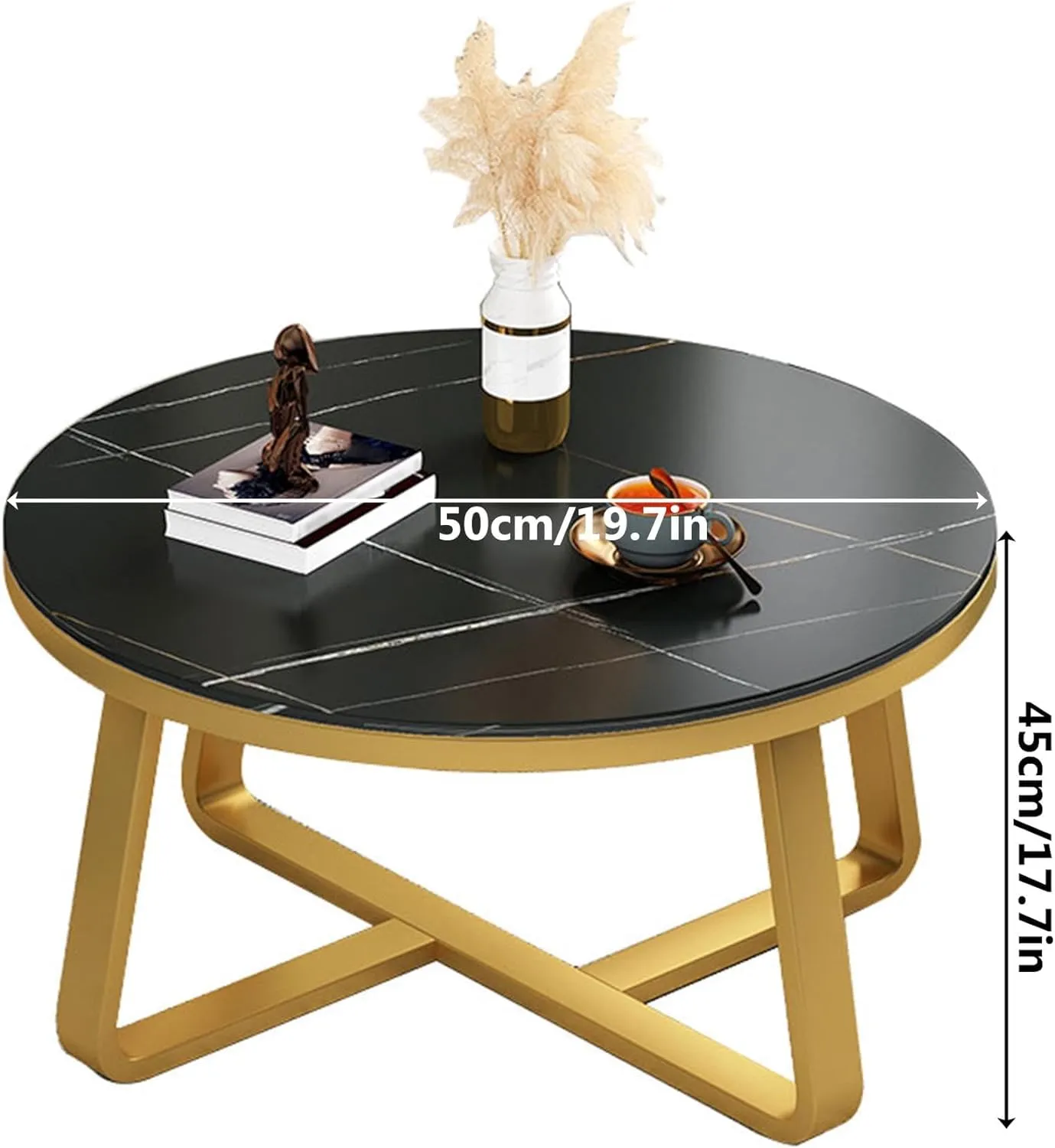 RIBAVARY™ Round Metal Frame Coffee Table for Living Room, Bedroom and Farmhouse, Center Table for Small Spaces, (White & Golden)