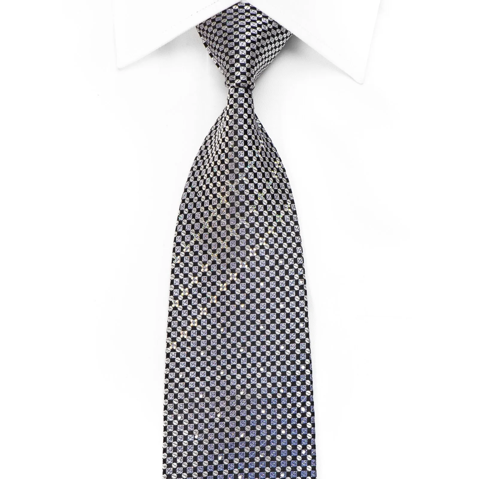 Roygen Men's Silk Necktie Silver Blue Checkered With Sparkles